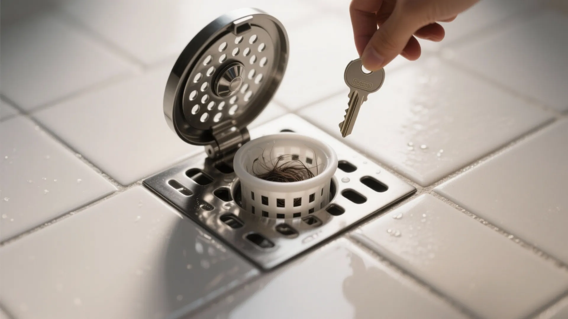 Macro view of a lifted stainless drain grate with a removable hair trap basket for easy maintenance.
