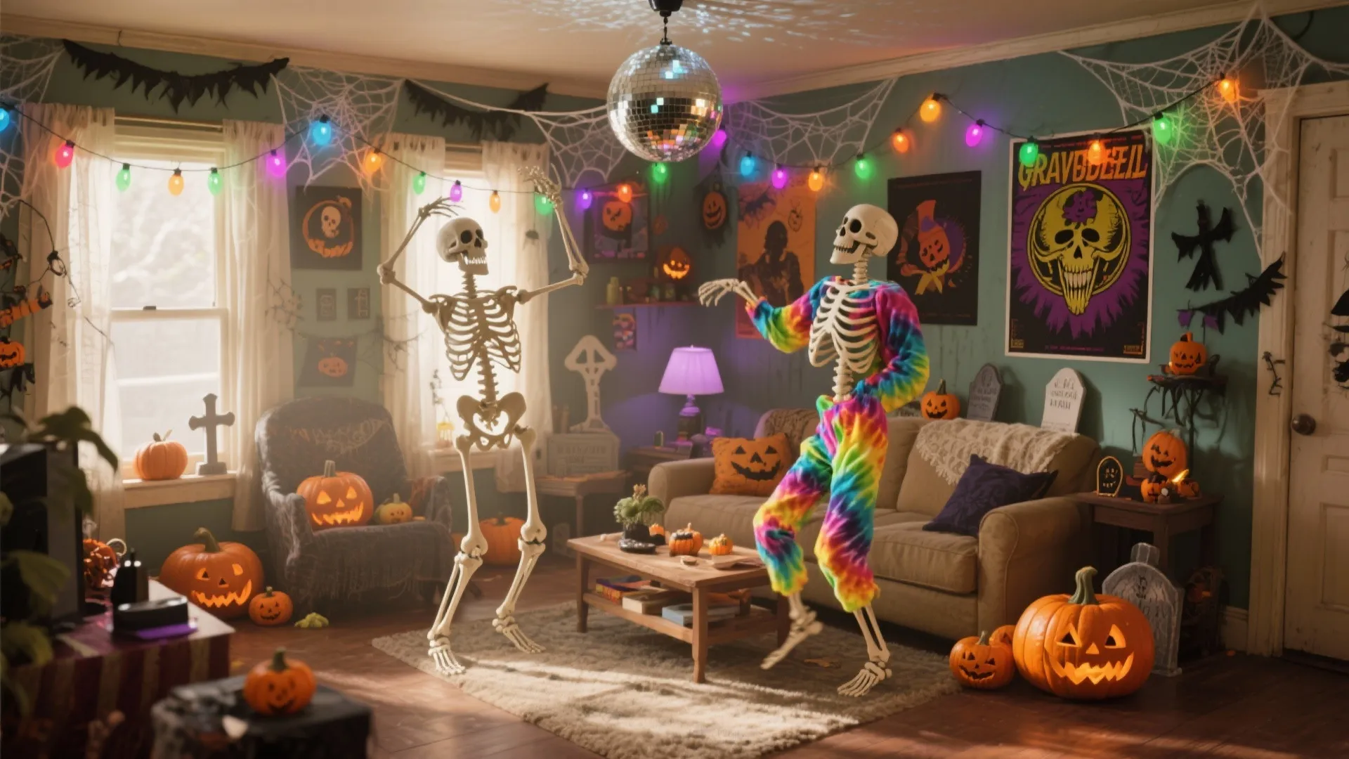 Halloween living room featuring dancing skeletons disco ball colorful lights pumpkins and spooky themed holiday decorations