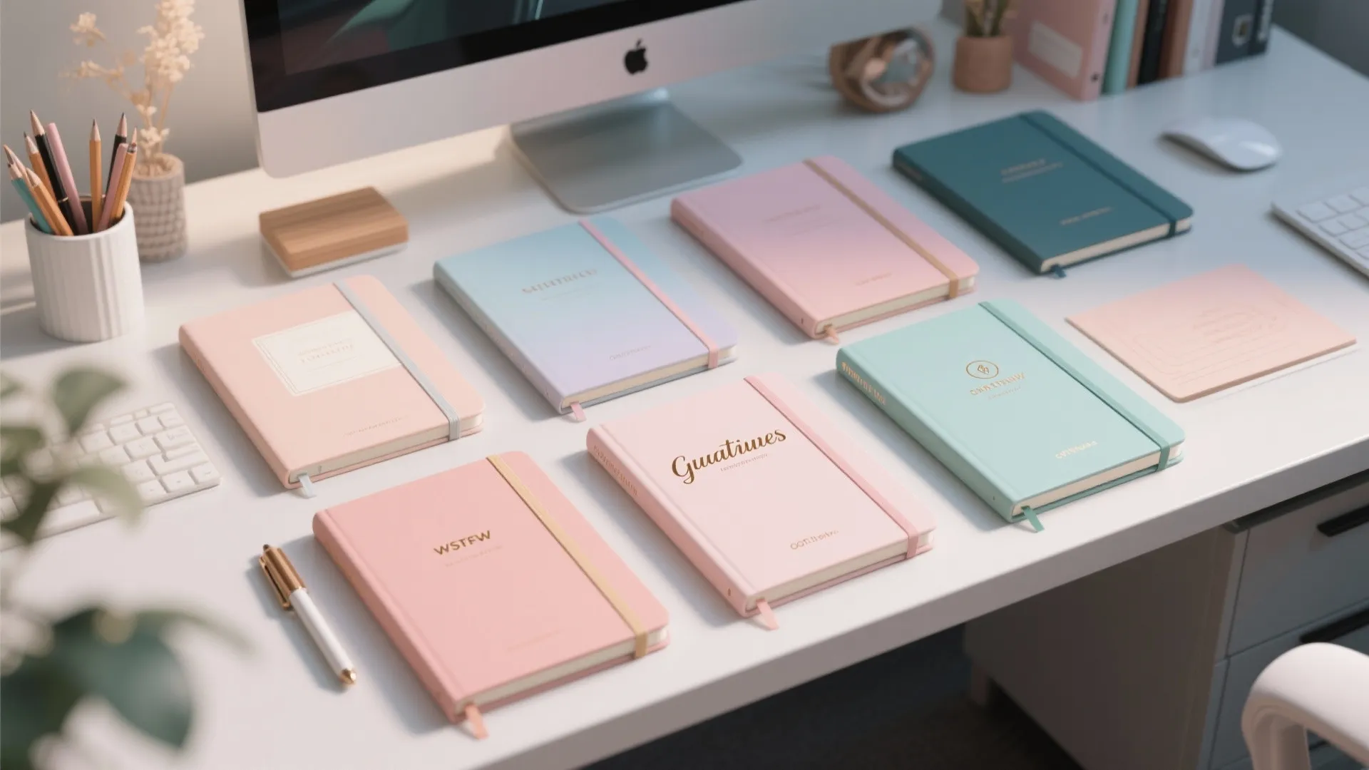 Multiple colorful notebooks in pink blue and green shades arranged on a white office desk