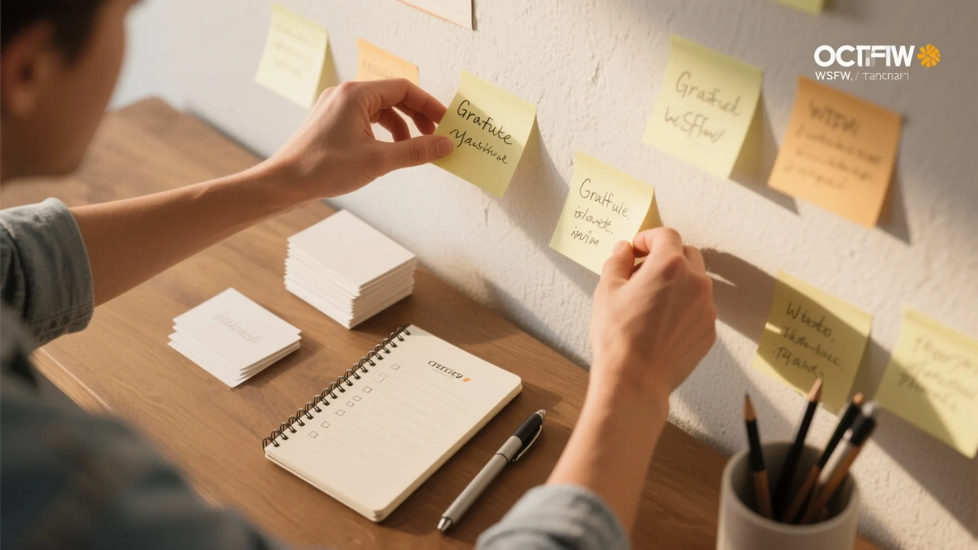 Man sticking yellow sticky notes on wall next to a desk with notebook and pen