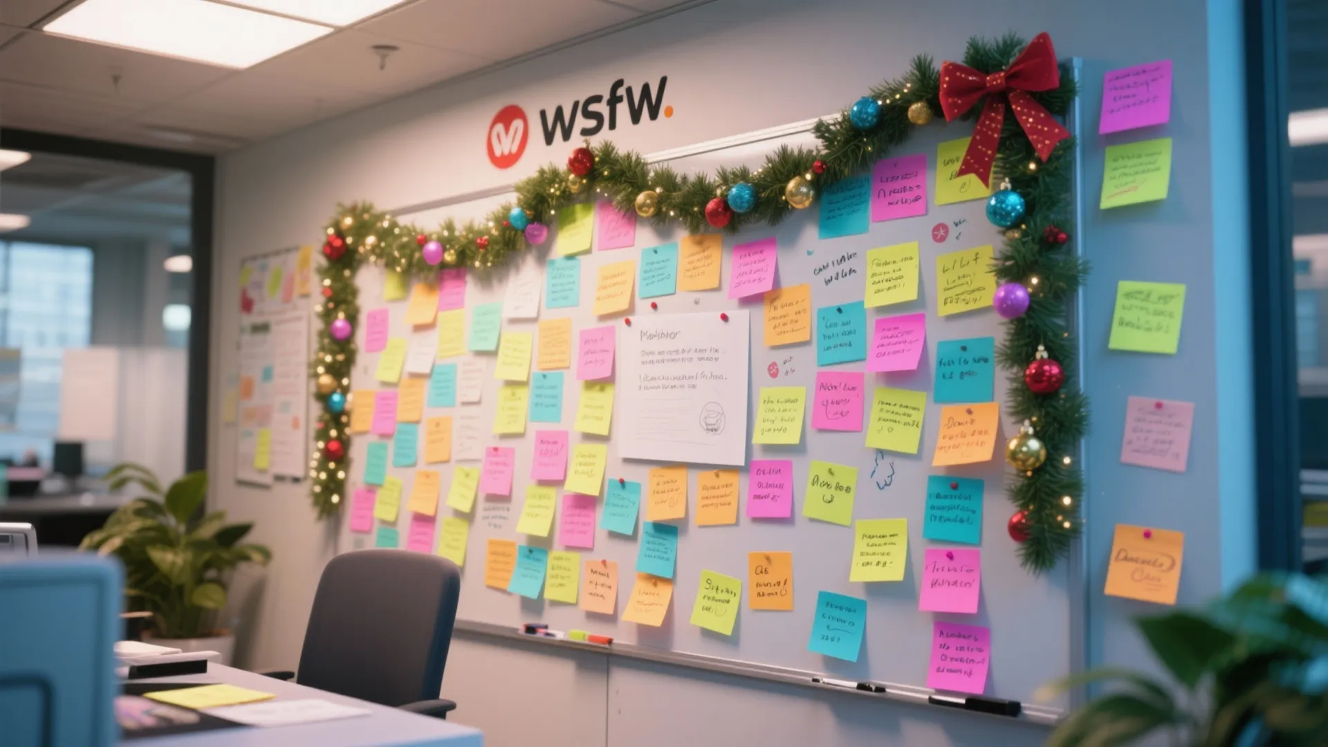 Whiteboard in an office covered with colorful sticky notes and decorated with green Christmas garland