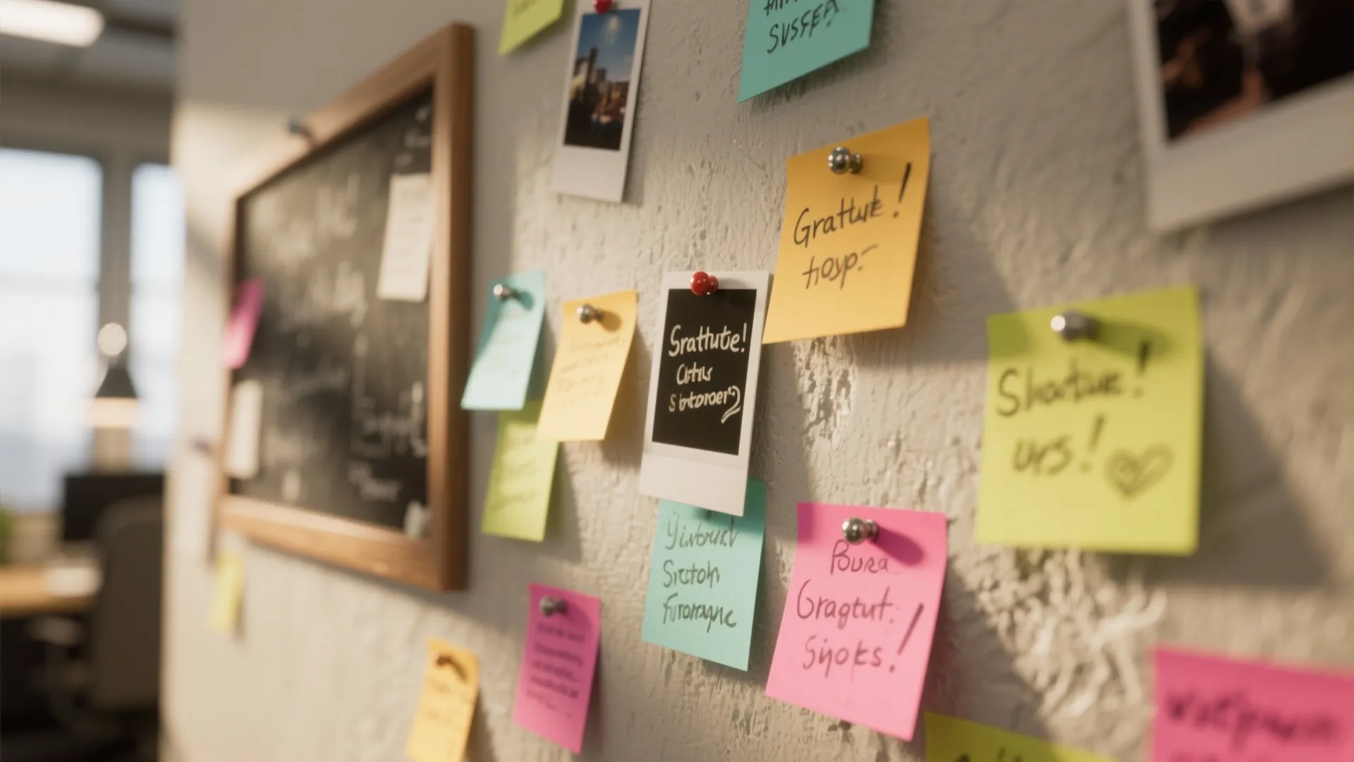 Office wall with colorful sticky notes photos and chalkboard for sharing positive messages and tasks