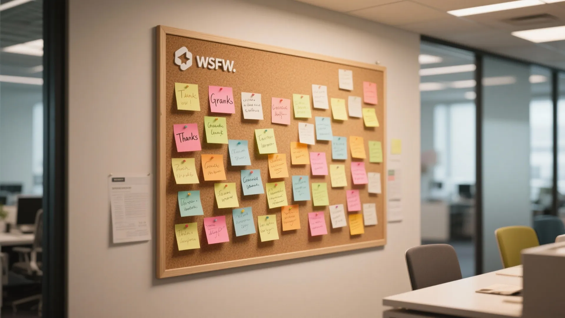 Office wall featuring a large cork board filled with many colorful sticky notes for gratitude