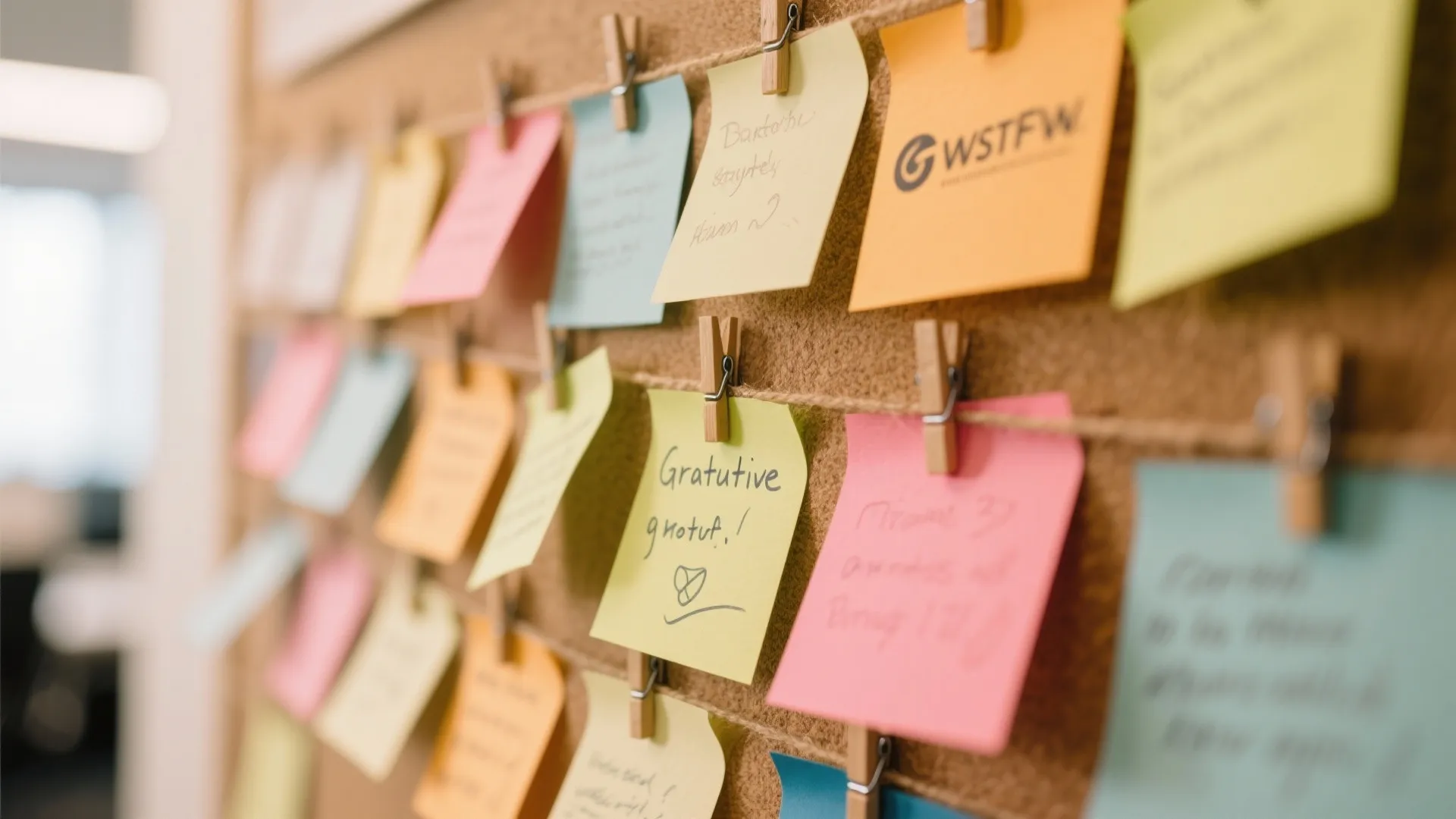 Brown cork board filled with colorful sticky notes held by small wooden clips in office