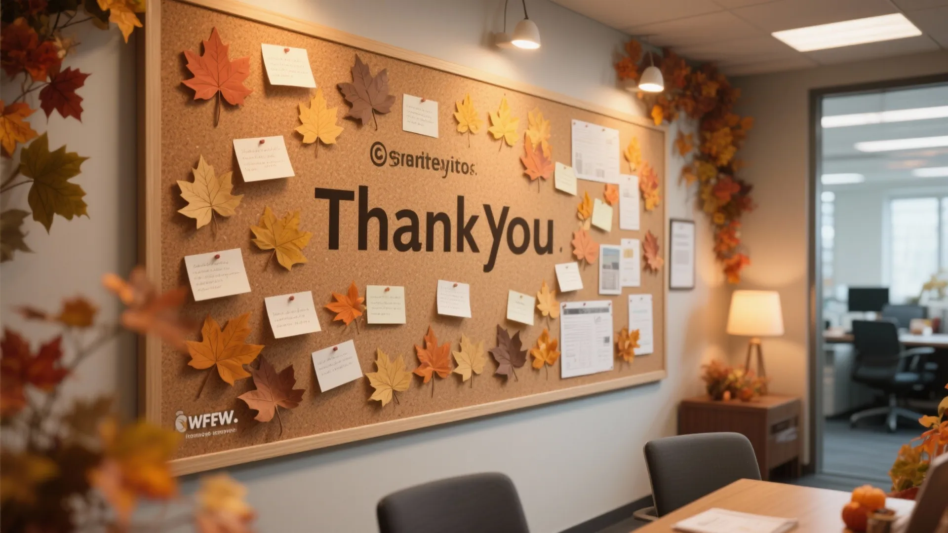 Office cork board featuring Thank You text surrounded by paper autumn leaves and small yellow notes