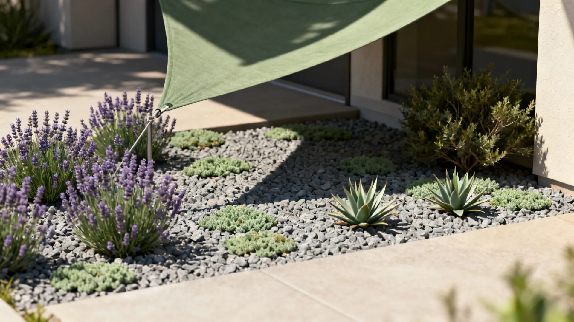 Crushed gravel bed with lavender, sedum, and agave under a small shade sail
