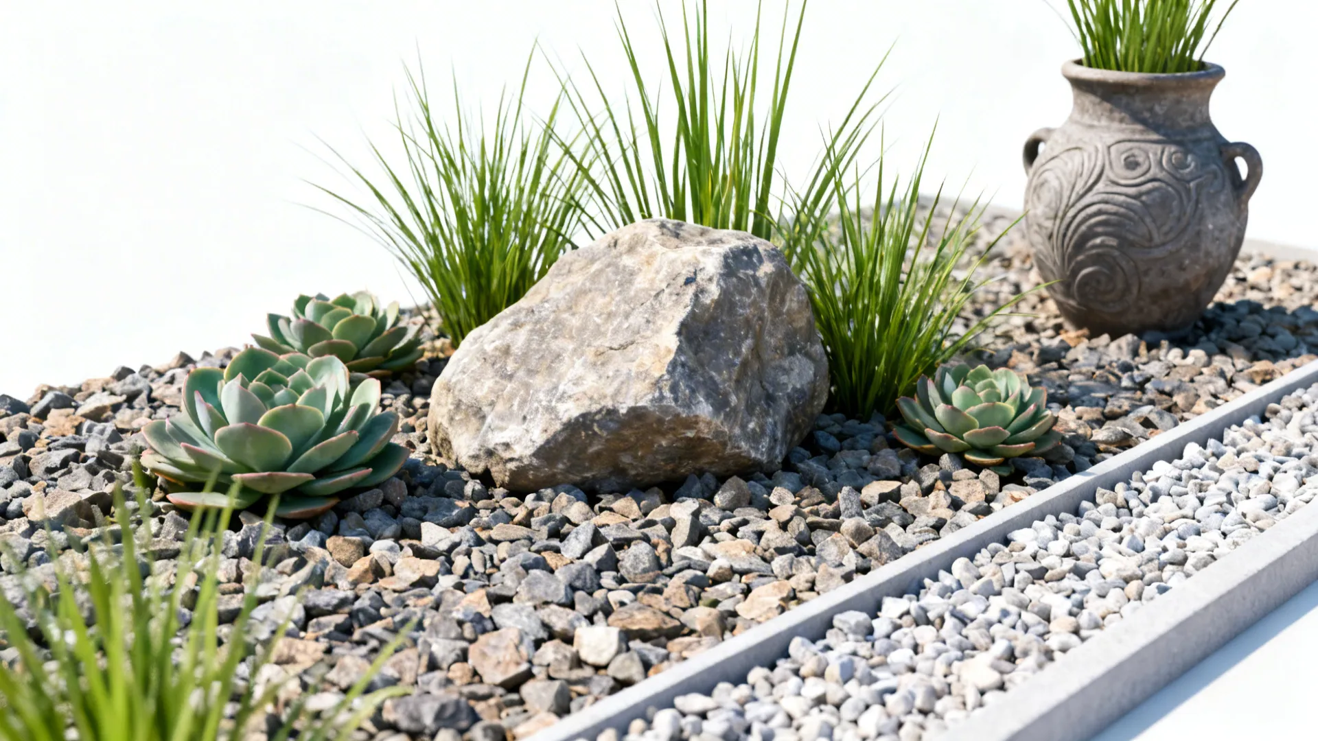 Gravel garden with succulents, ornamental grasses and a focal boulder with clean edging.