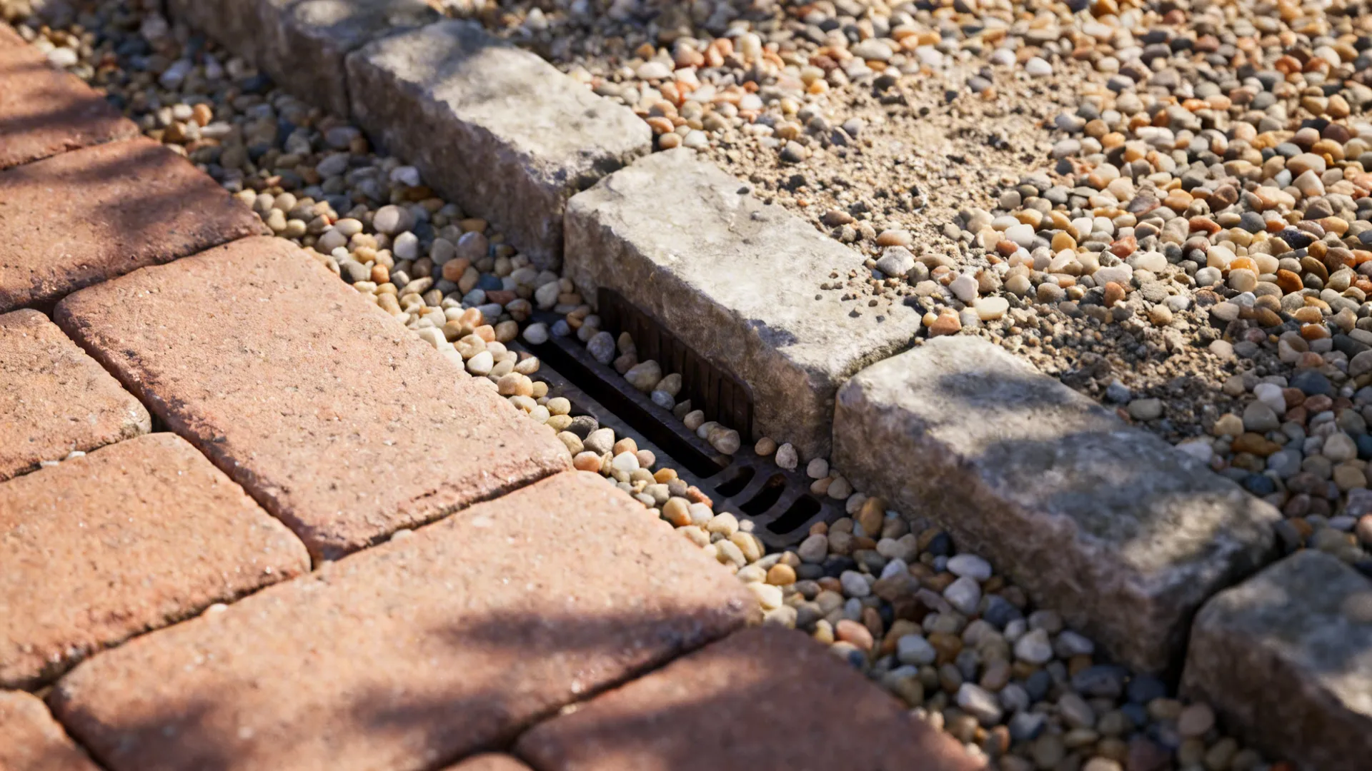 Close-up of paver edges with pea gravel infill showing texture and drainage