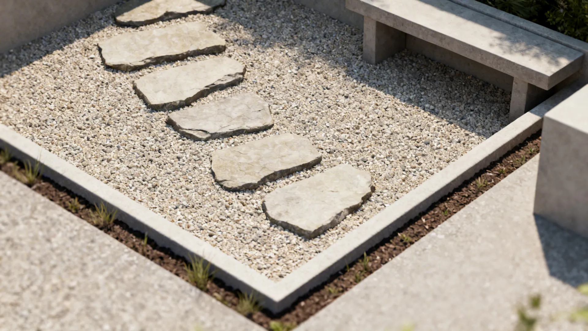 Compact gravel nook with stepping stones and minimalist edging in a small backyard.