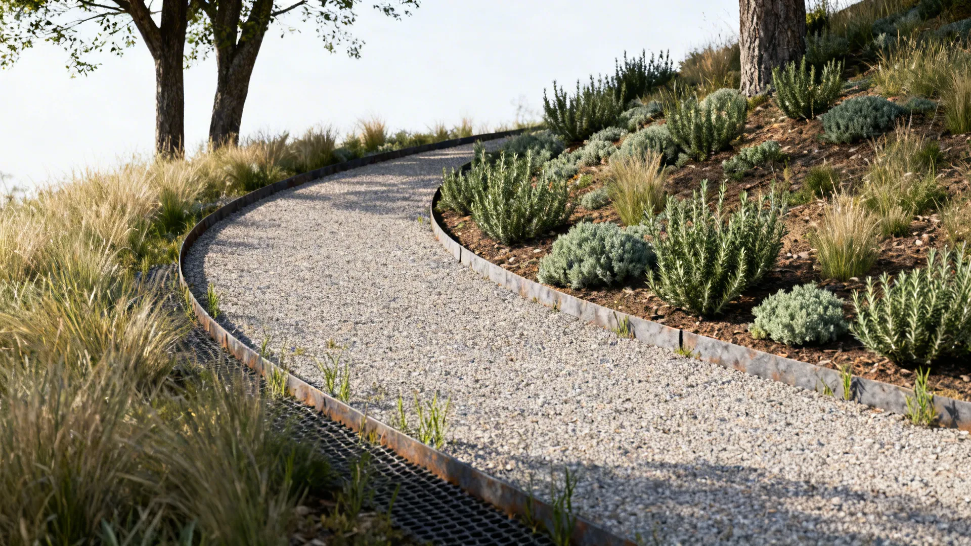 Meandering gravel path on a slope edged by native grasses and low shrubs.