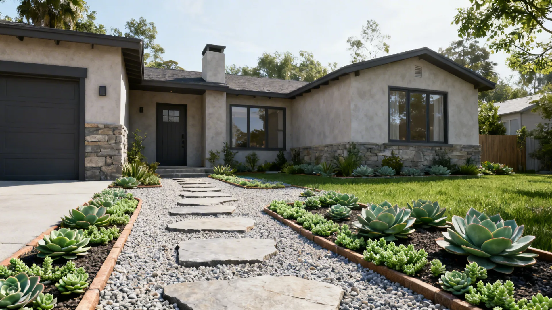 Gravel path with stepping pavers and succulent edges for a low-maintenance front yard