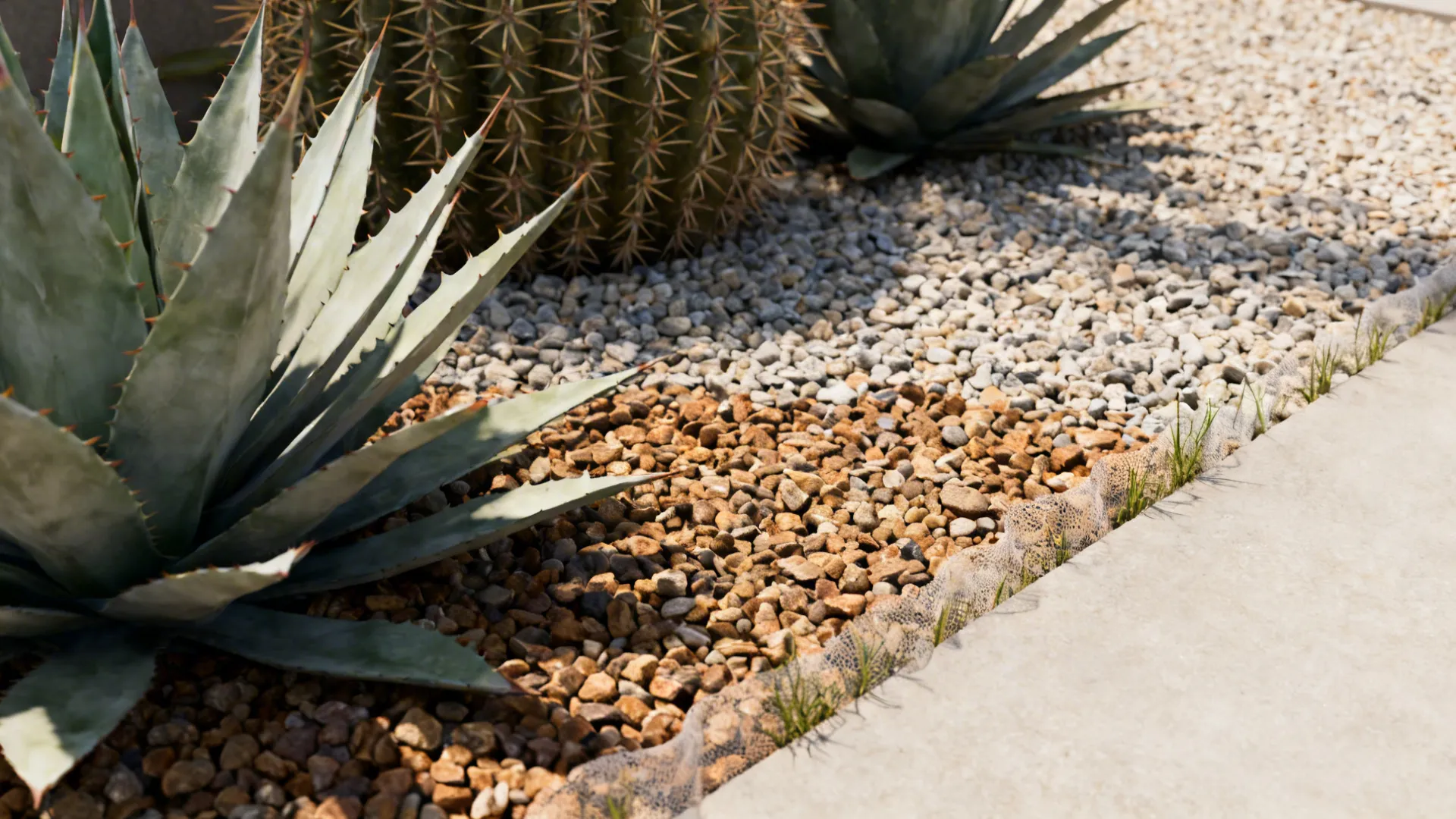 Close-up of gravel bed with agave and yucca showing contrasting gravel and texture.