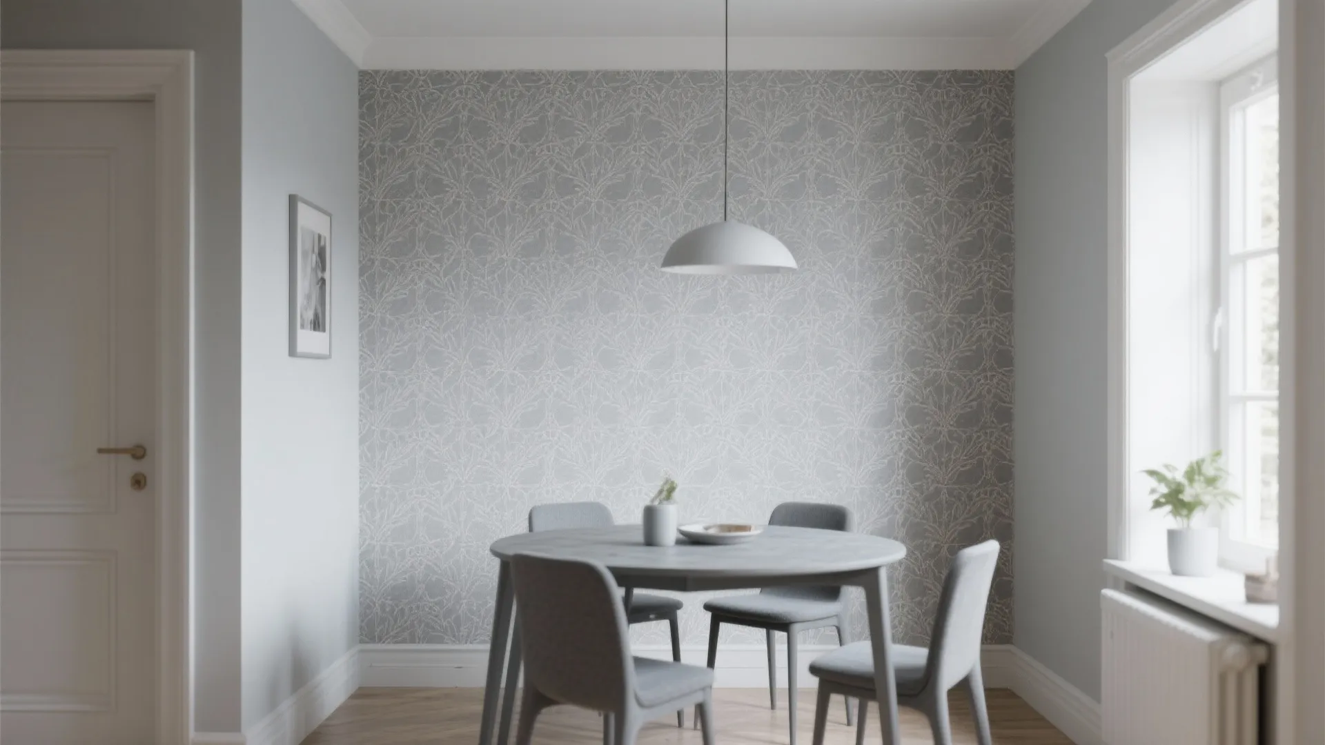 Modern dining room with gray patterned wall panel round table four chairs and ceiling light