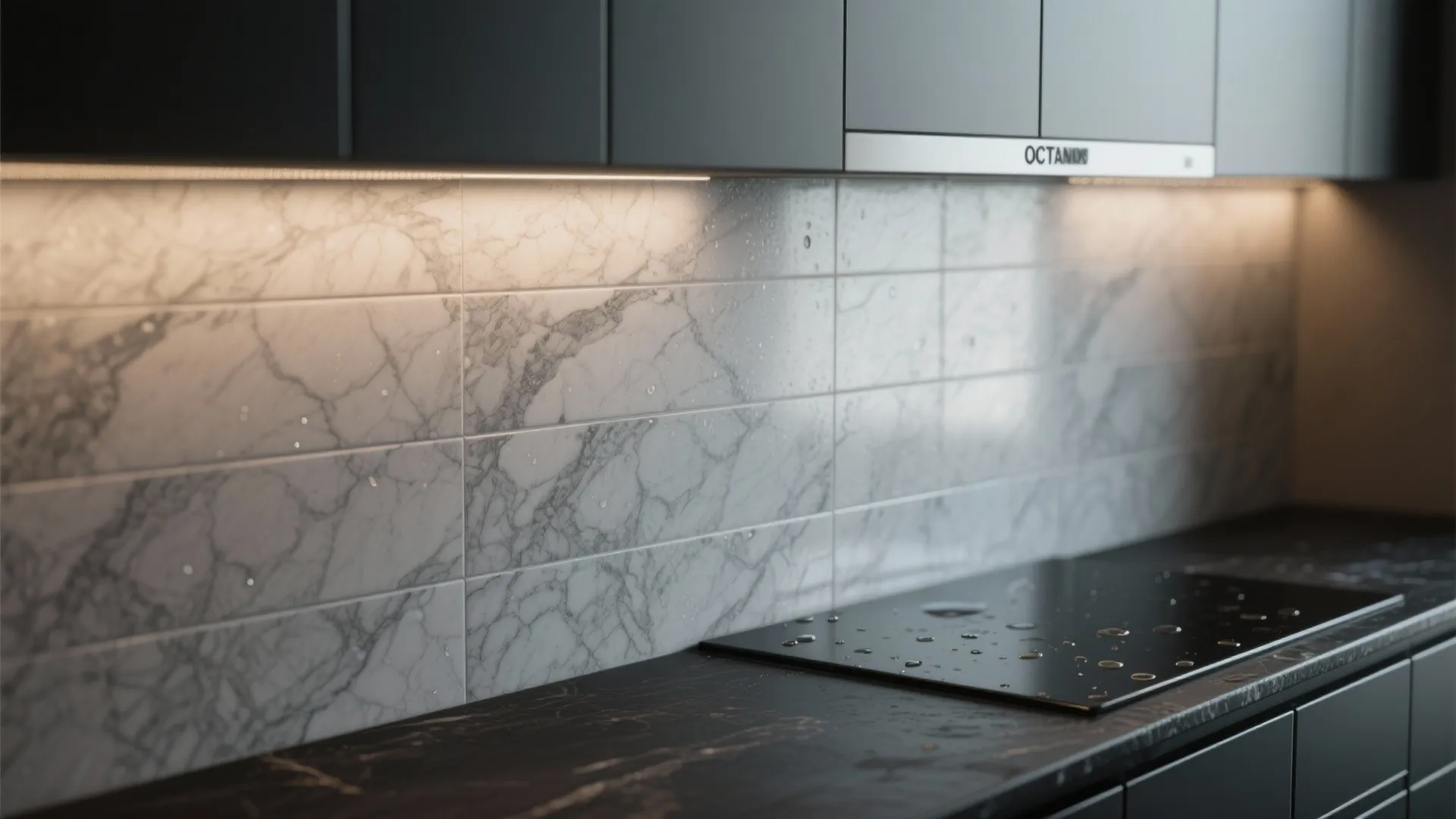 3. Gray stone backsplash with black countertops