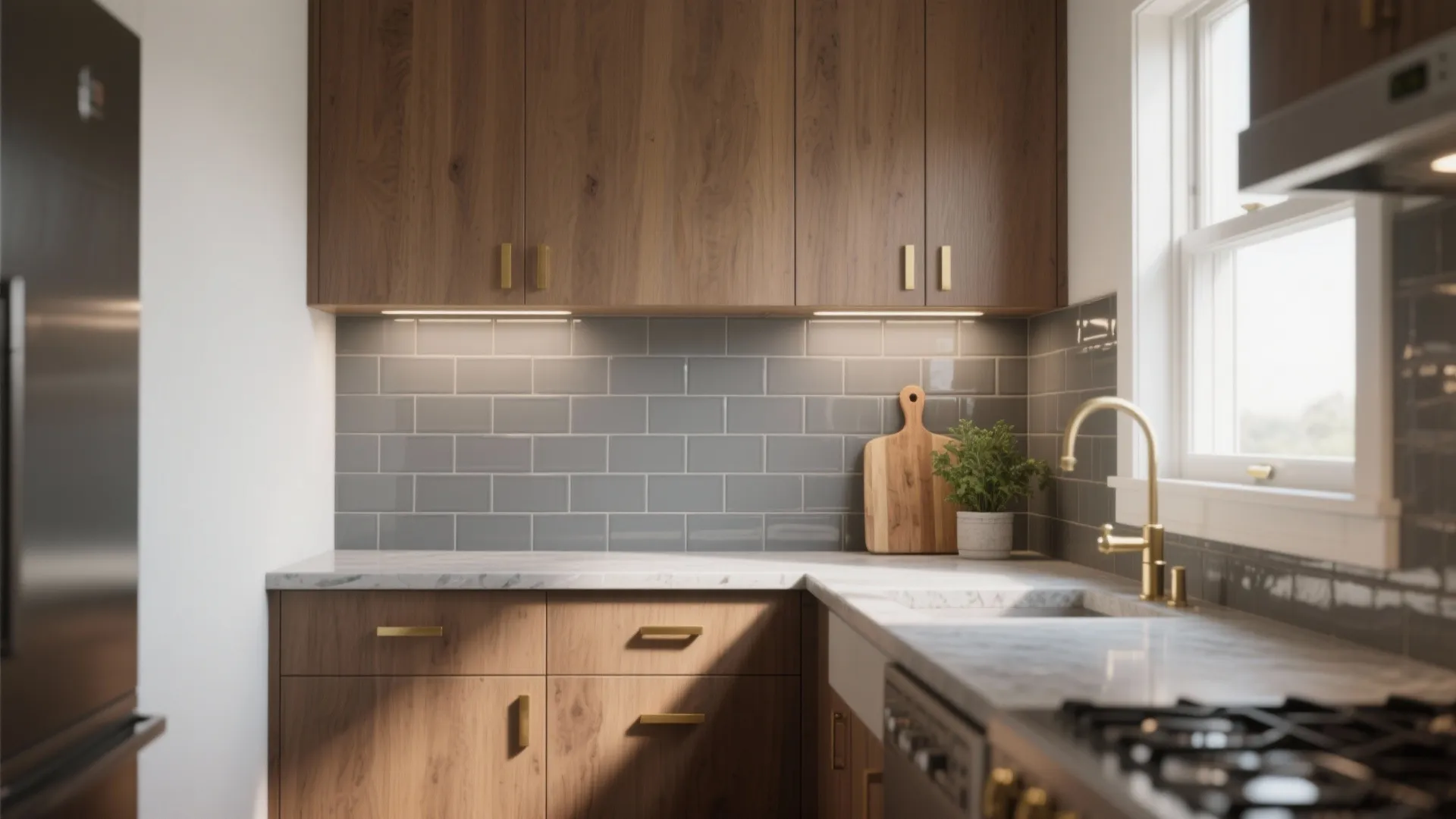 Modern kitchen with wood cabinets grey wall tiles white marble countertop and gold water faucet
