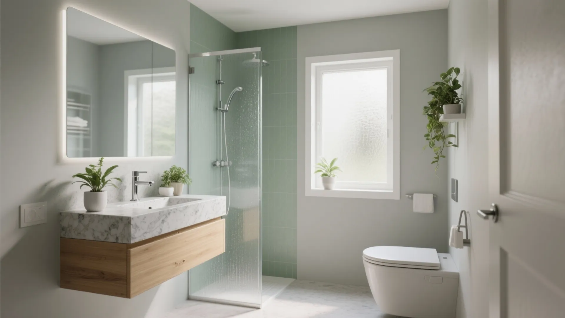 Modern bathroom featuring light green walls marble sink wooden drawer toilet window and green plants