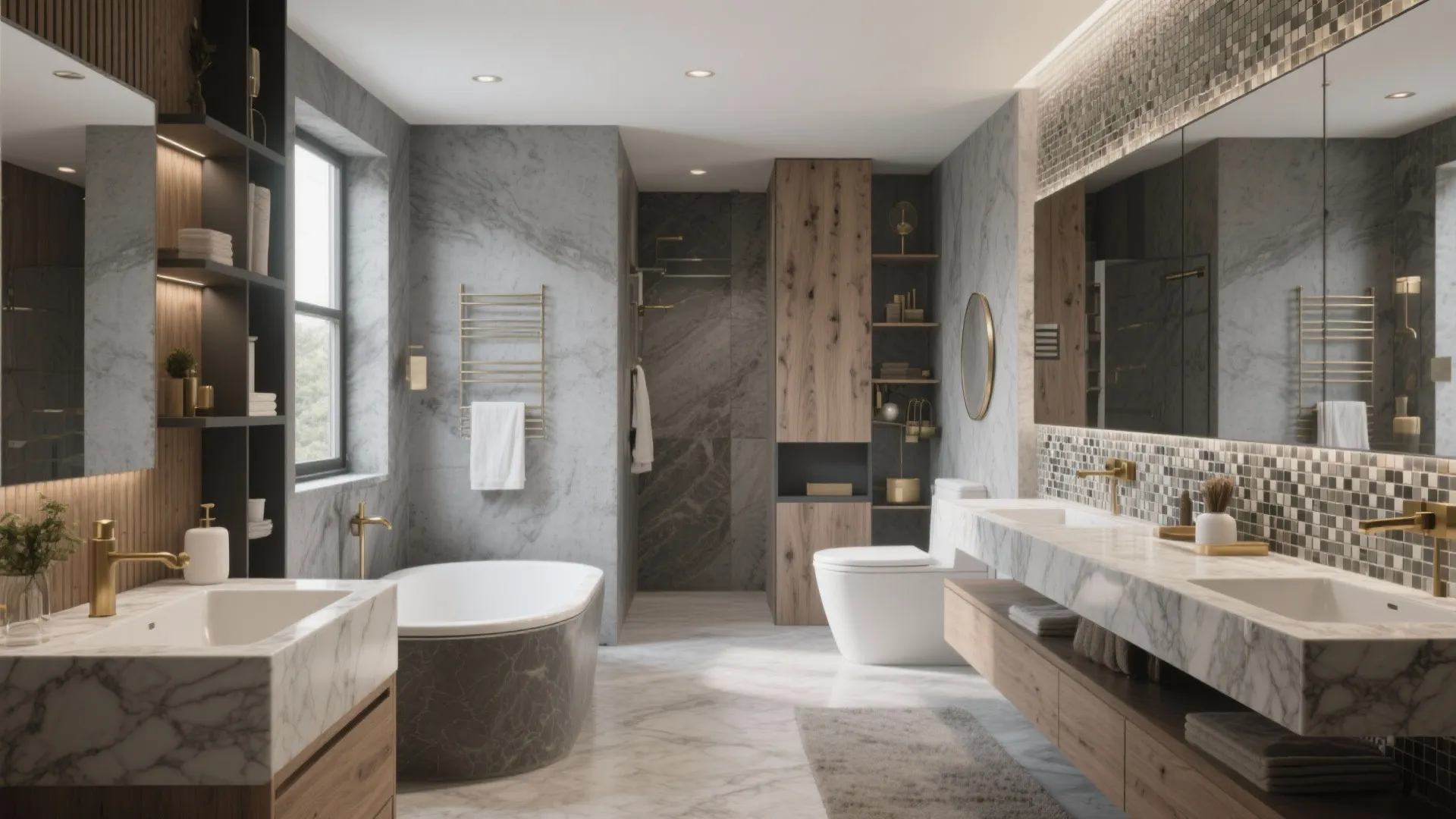 Contemporary bathroom with gray stone walls wood cabinets mosaic tiles white bathtub and gold light fixtures