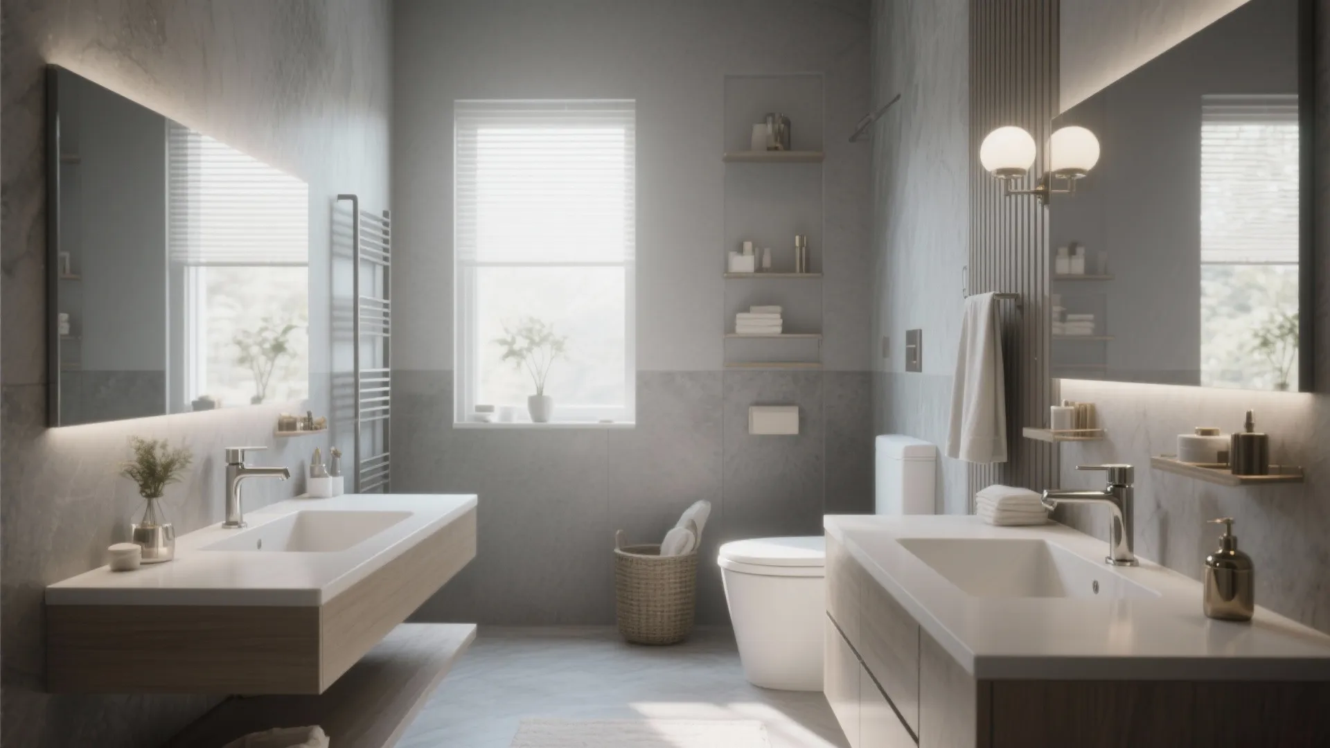 Bright grey bathroom design with two separate wooden sink cabinets and a large window view