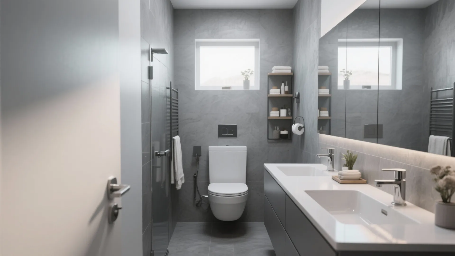 Modern gray bathroom design with white toilet double sink vanity large mirror and wall shelves