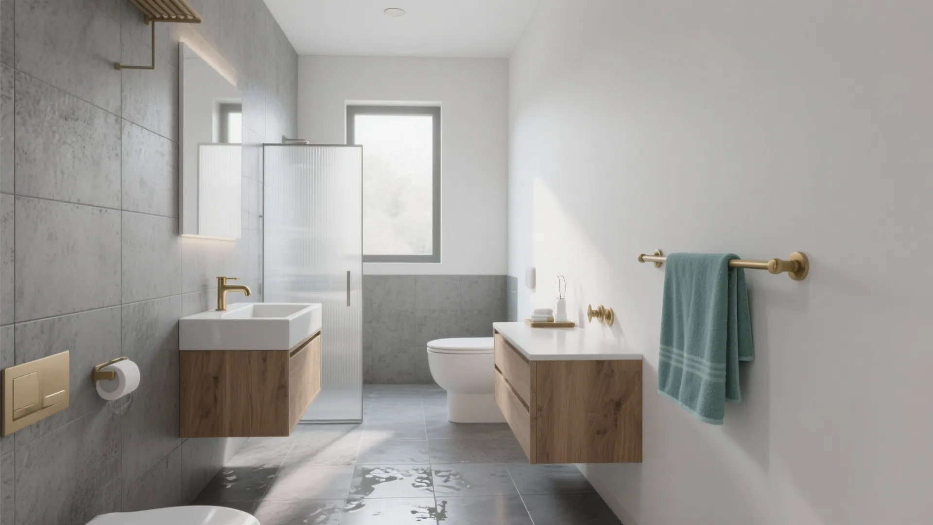 Minimalist bathroom interior featuring wood floating cabinets white walls gold hardware and a glass shower screen