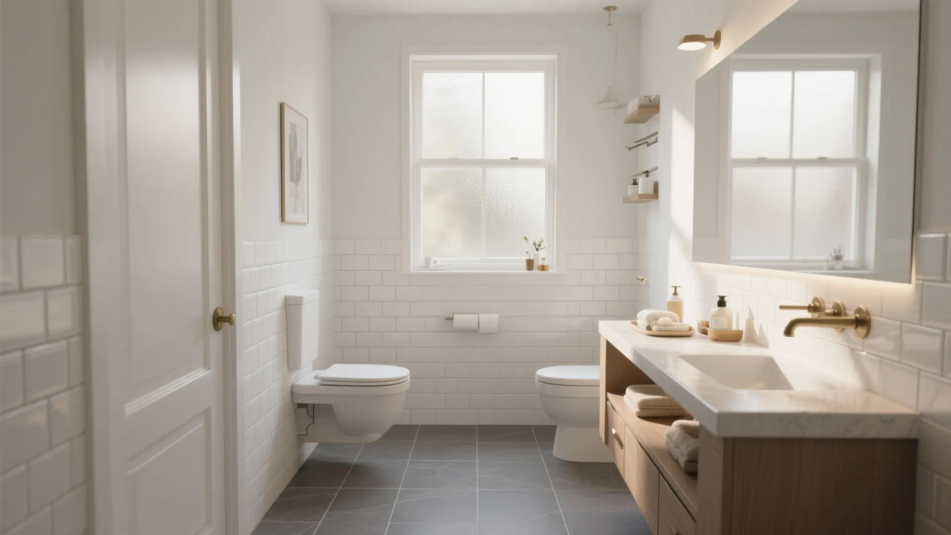 Bright bathroom with white wall tiles grey floor tiles wooden cabinet toilet and a large window
