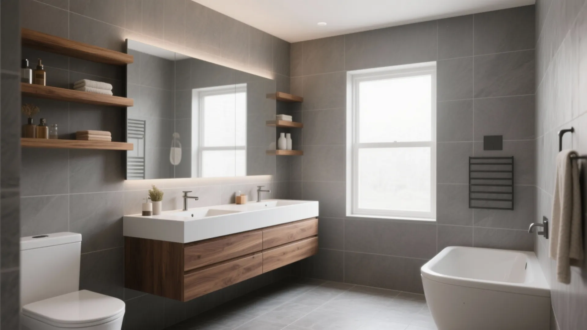 Grey tiled bathroom with wooden floating vanity double sinks white bathtub large window and shelves