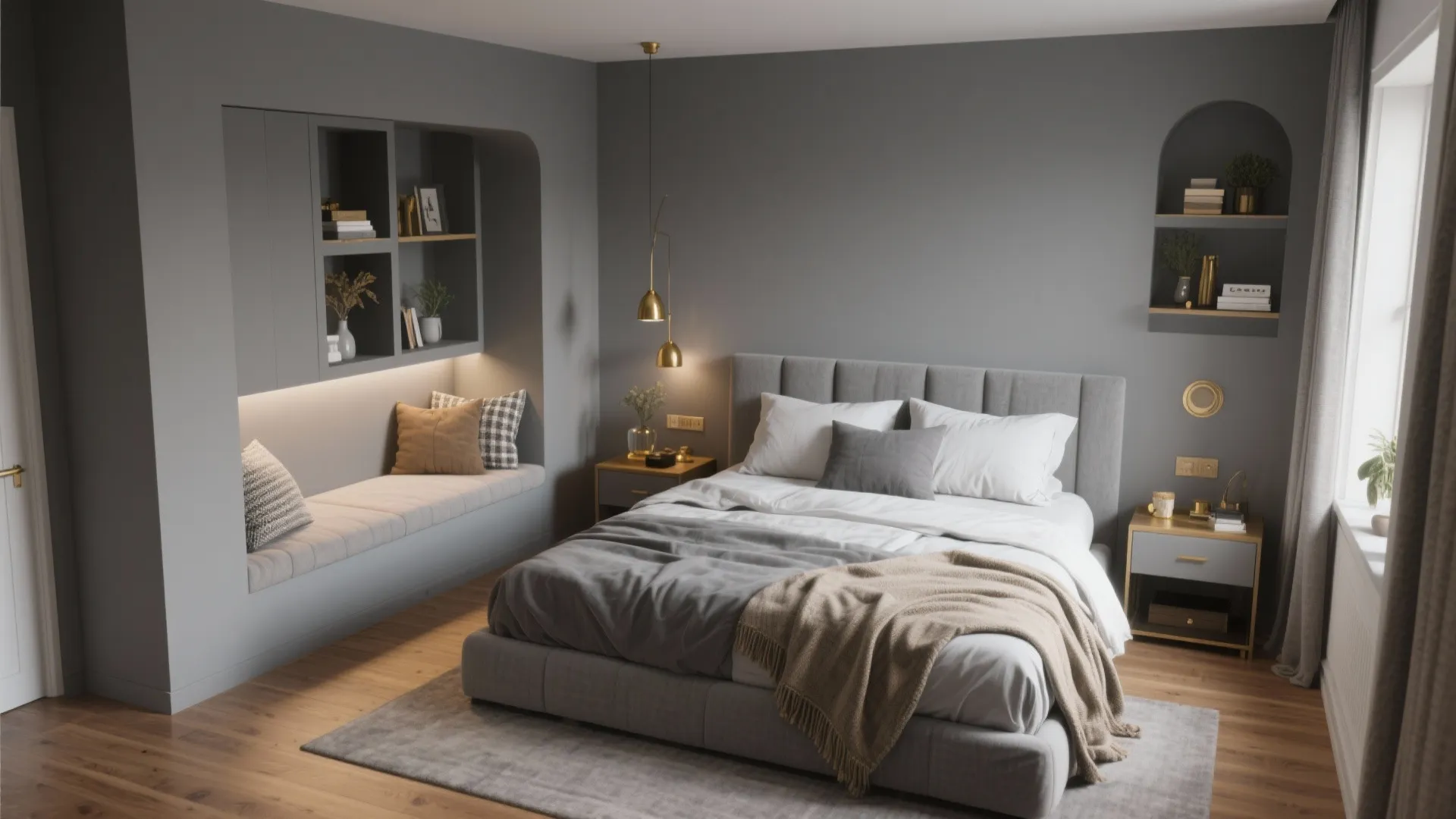 Cozy gray bedroom with storage solutions, warm wood floor and layered lighting illustrating FAQ tips