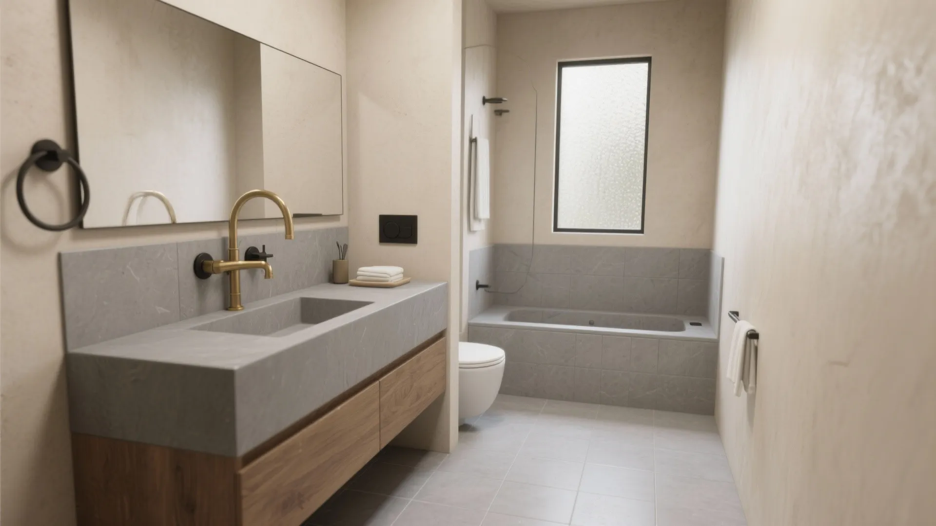 Spacious bathroom with grey stone sink gold faucet wooden cabinet white bathtub and natural window