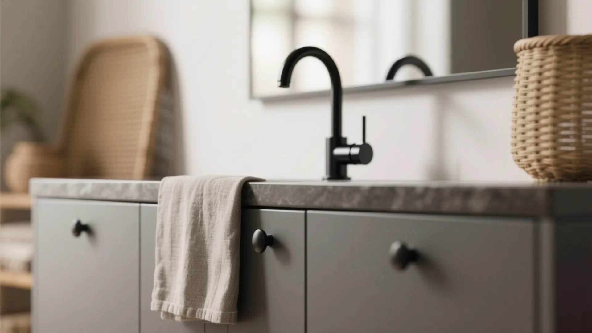 Macro view of matte gray cabinet with black hardware and a matte black faucet, warm textiles in background.