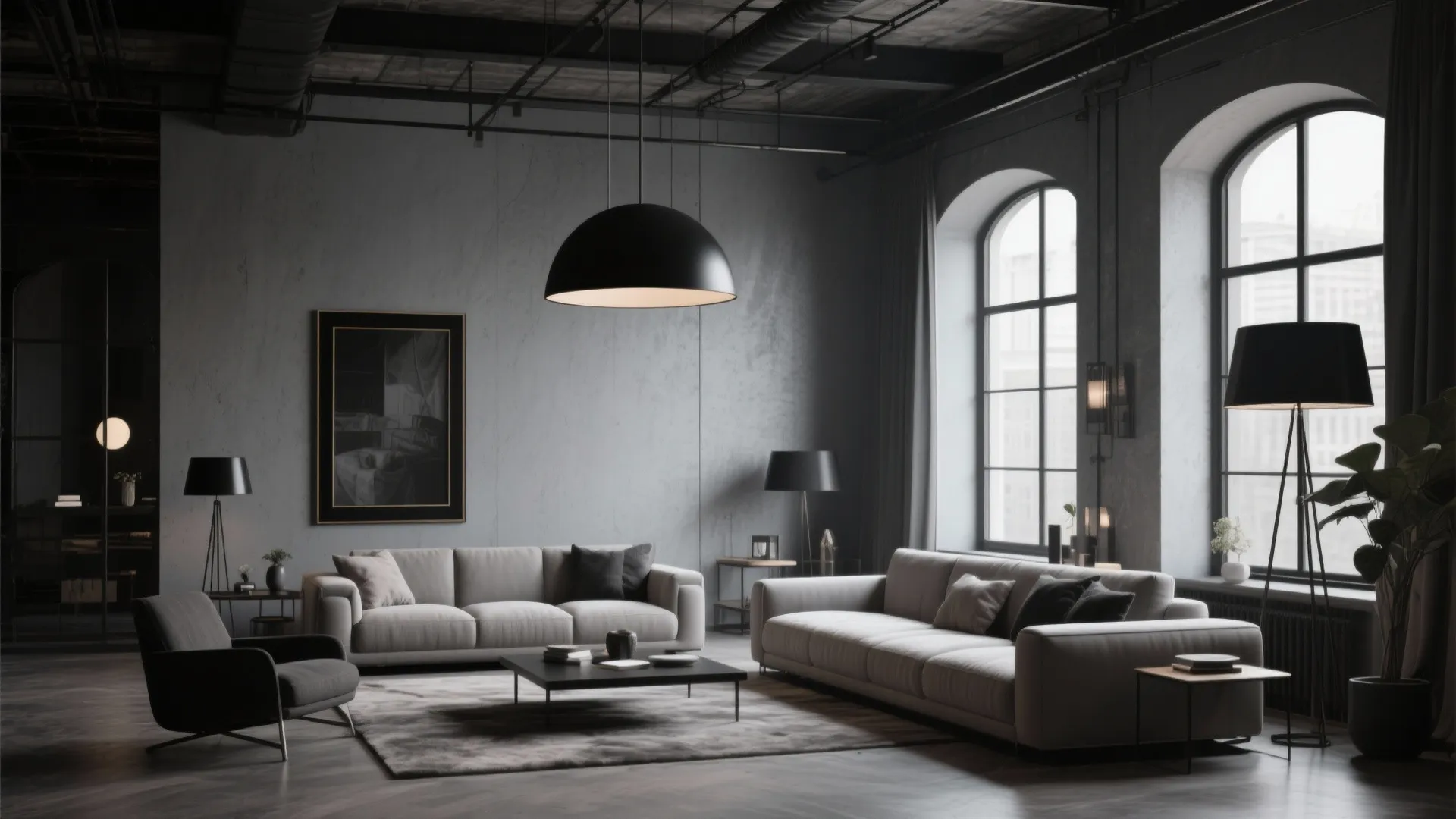 Industrial living room with grey sofas black ceiling light floor lamp and large arched windows