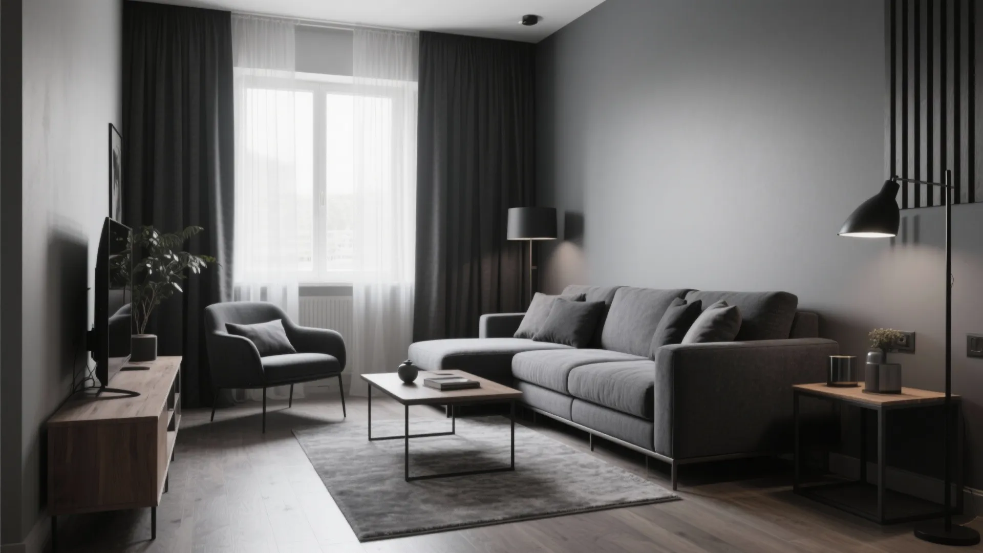Modern gray living room featuring a dark sofa wooden coffee table floor lamp and rug