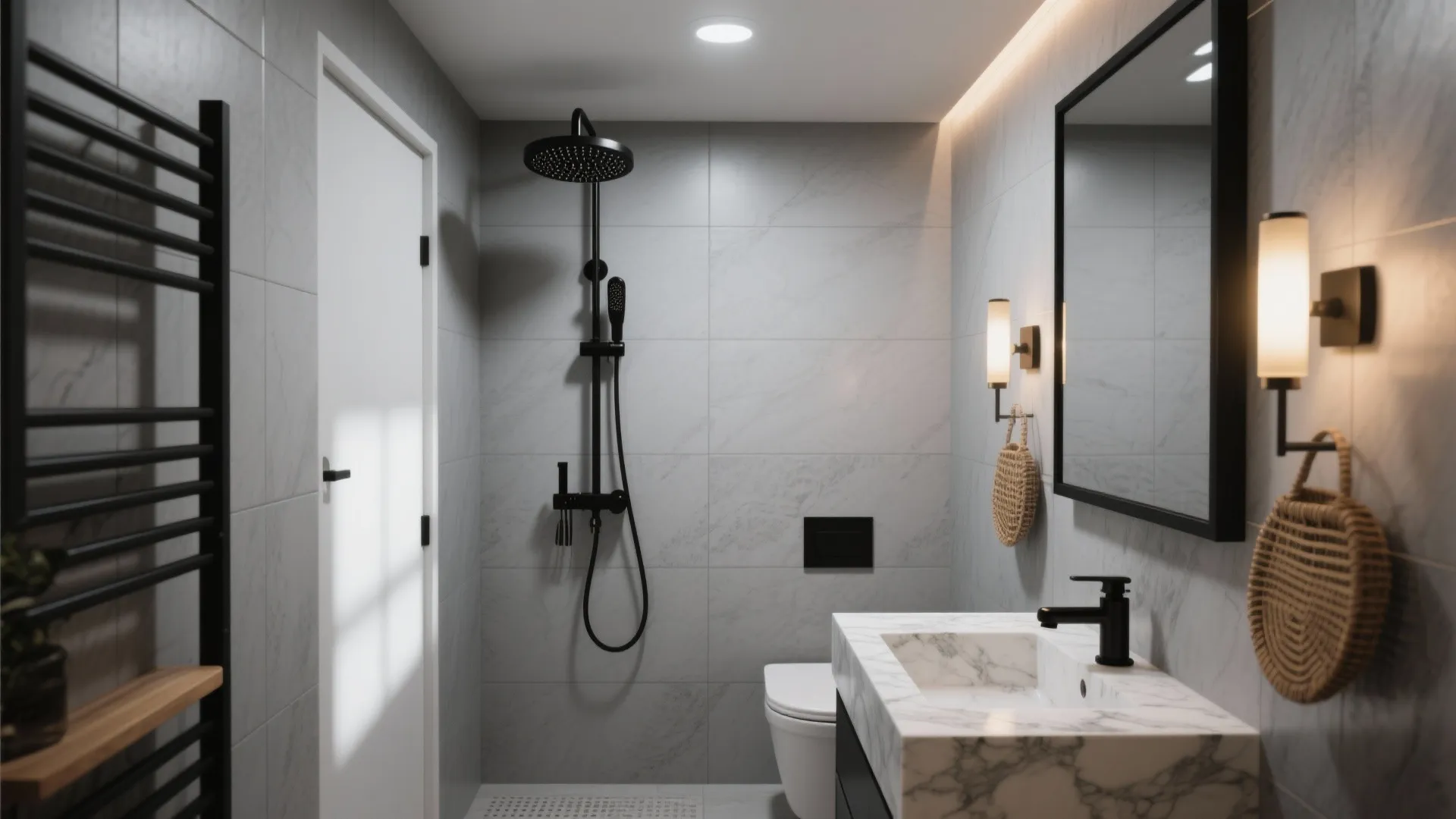 Contemporary grey marble bathroom with black shower head white marble sink and two black wall lights