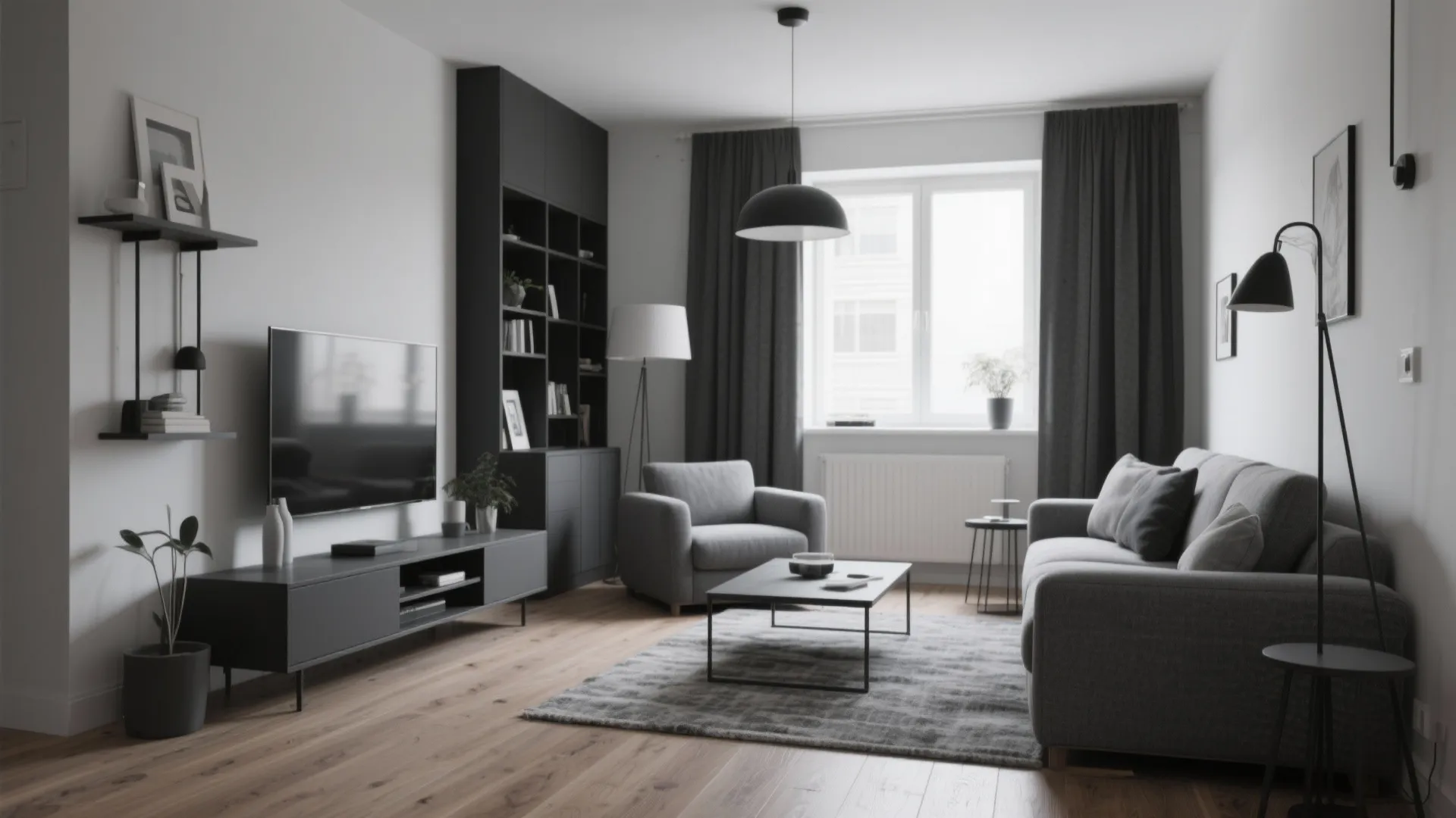Modern living room with grey sofa black cabinet television ceiling light wooden floor and natural light