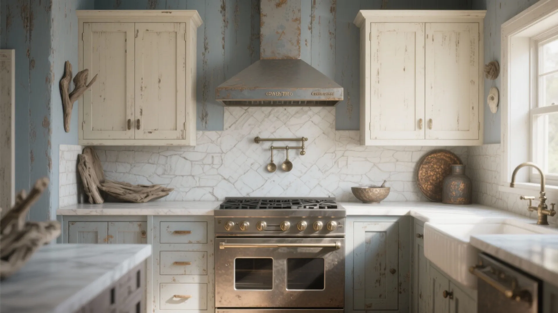 Kitchen with weathered gray-blue walls, cream accents and hammered metal fixtures for a seaside-rustic feel