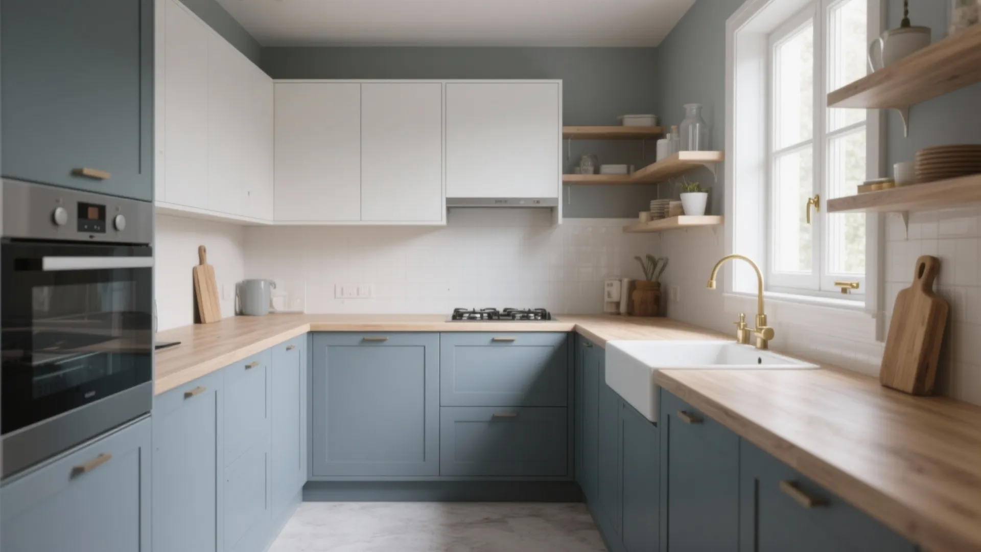Modern blue and white kitchen with wood countertops gold faucet windows and white wall tiles