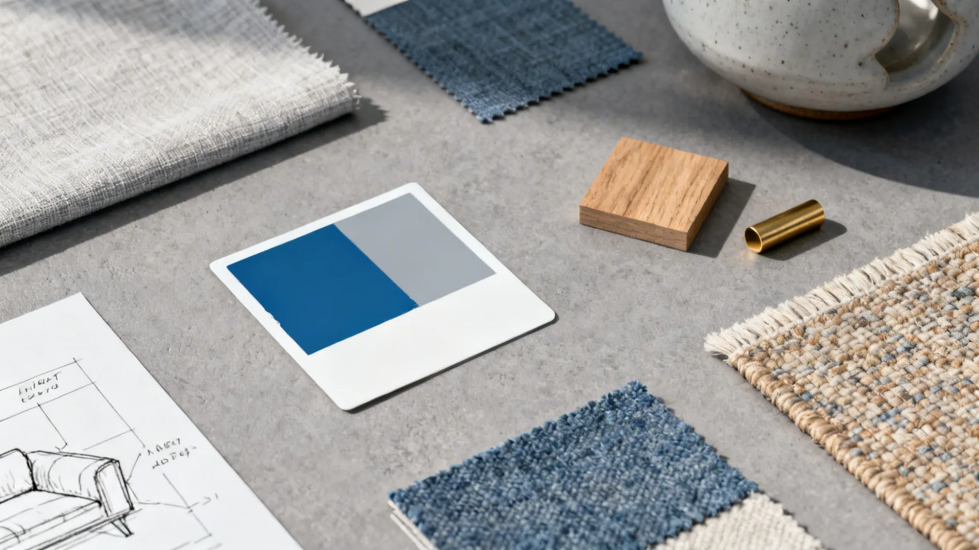 Interior design moodboard with blue fabric samples, wood piece, color palette, and hand-drawn sofa sketch