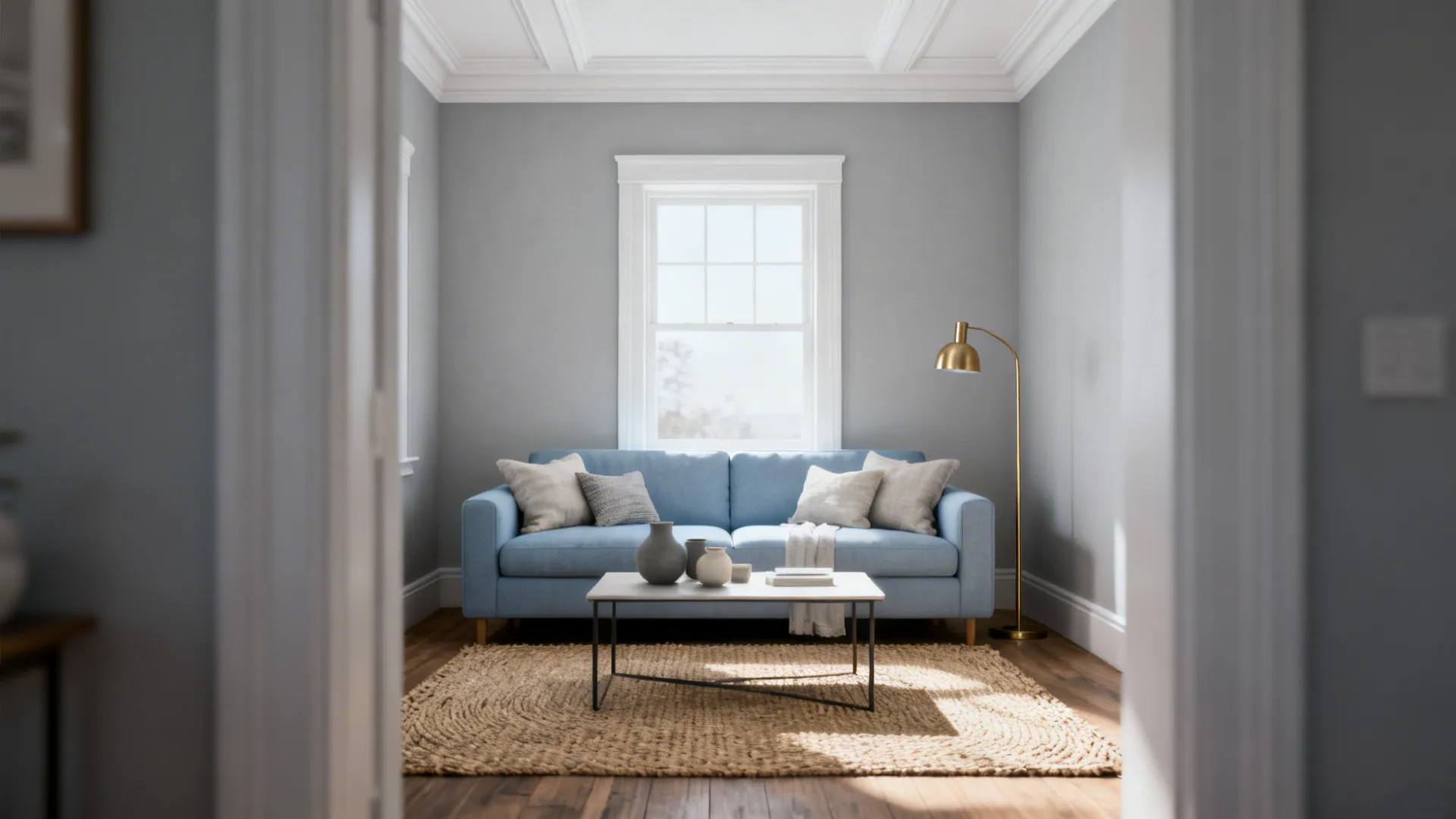 Light blue sofa in a grey living room with a white coffee table and gold lamp