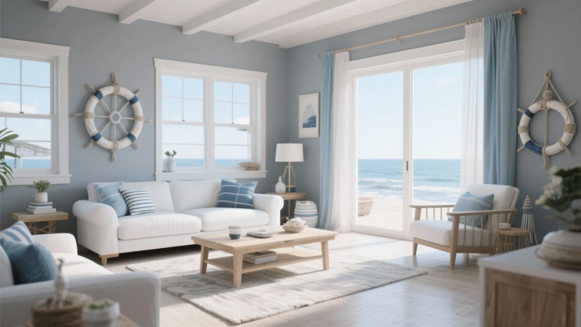 Coastal living room with cool gray walls and blue tones