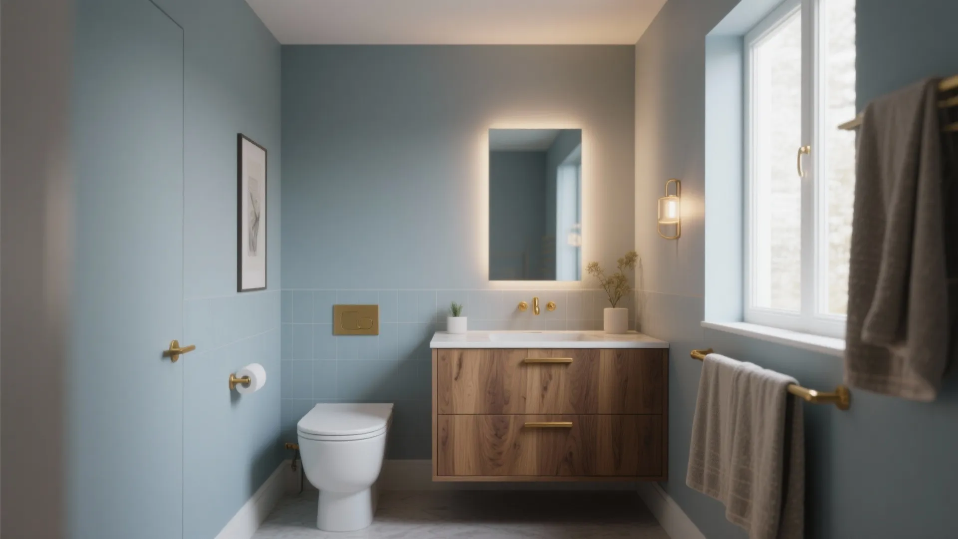 Bathroom with soft gray-blue walls paired with a warm wood vanity and brass hardware