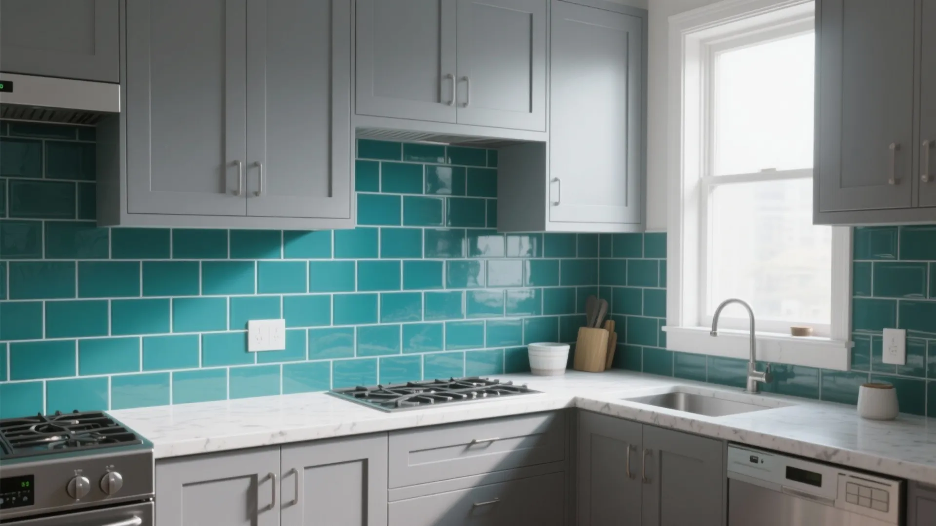 4. Gray cabinets with bold backsplash