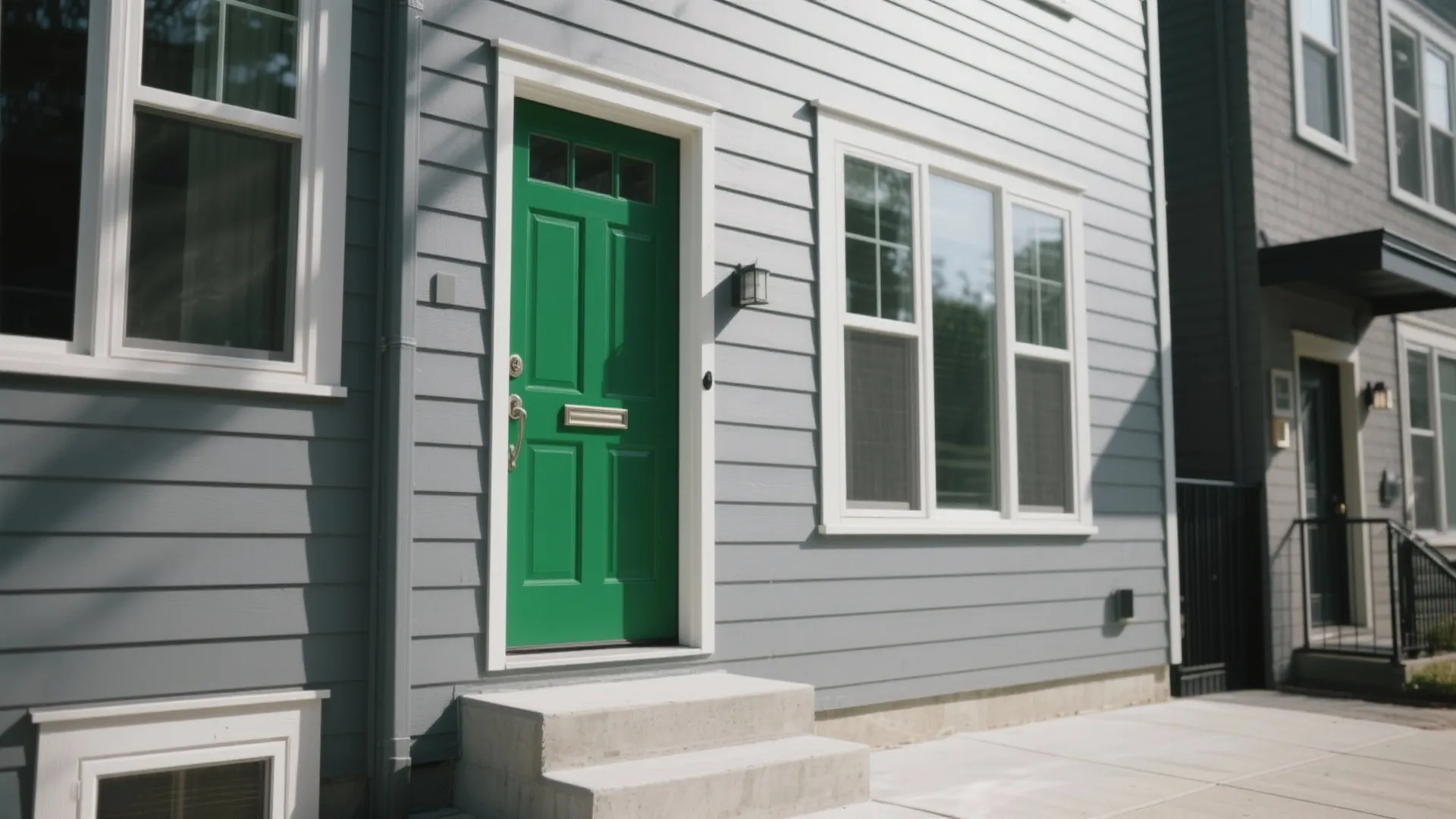 Modern grey house exterior featuring a bright green front door with white window frame details