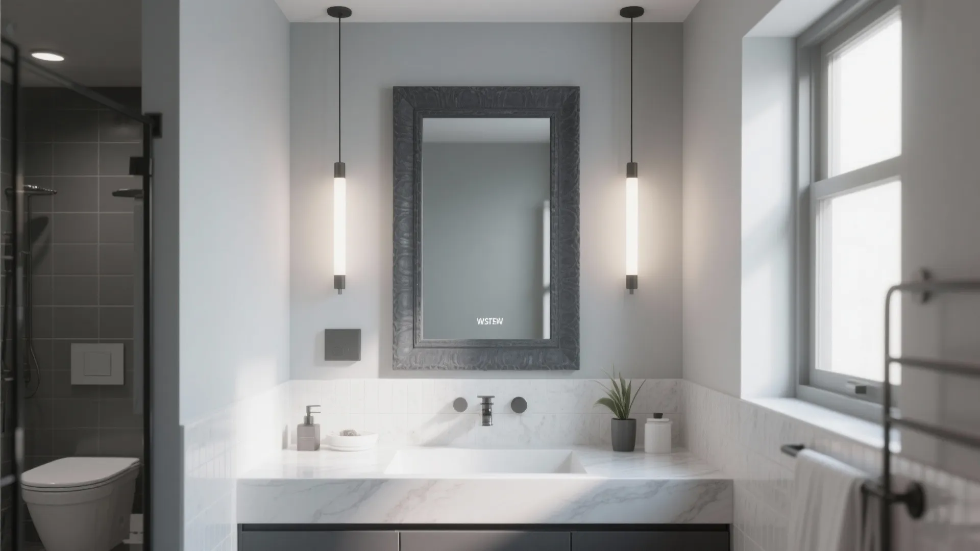 Modern bathroom vanity with marble counter gray bordered mirror hanging lights window and towel rack