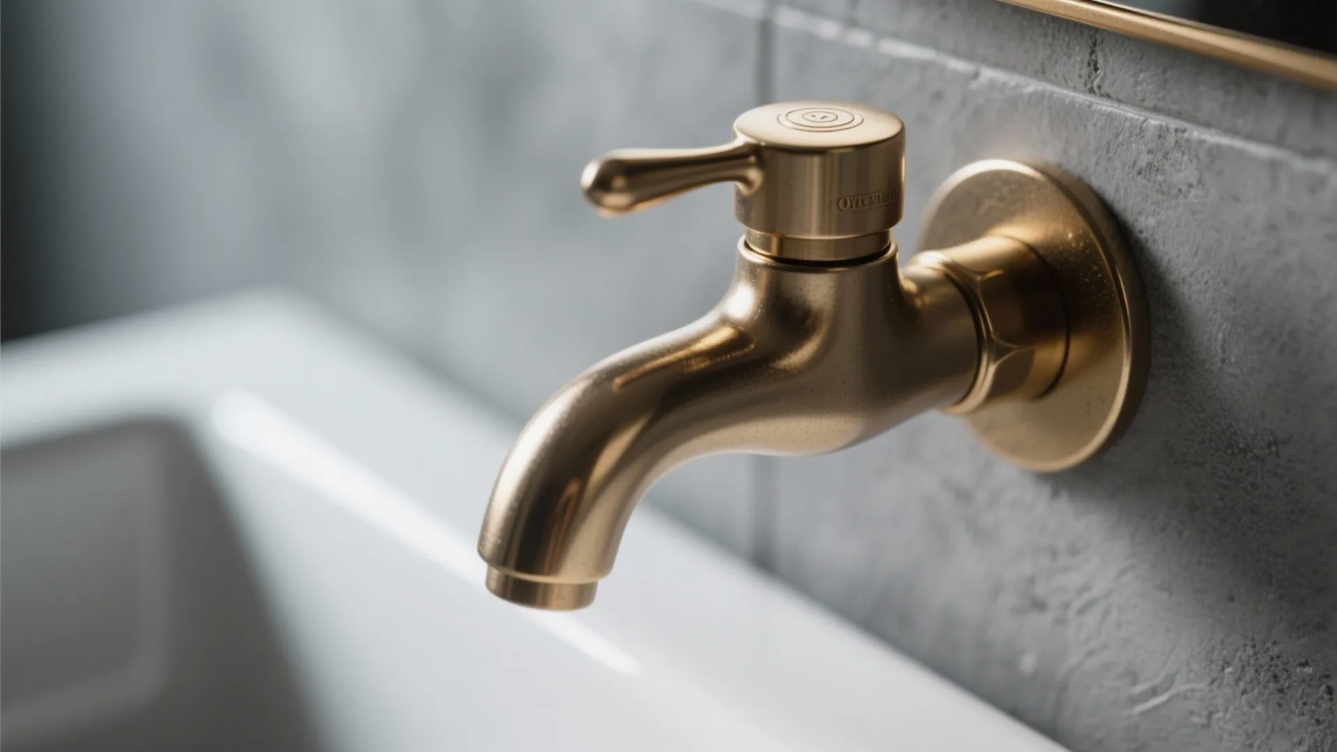 Close up of a luxury gold brass water tap mounted on a grey stone wall surface