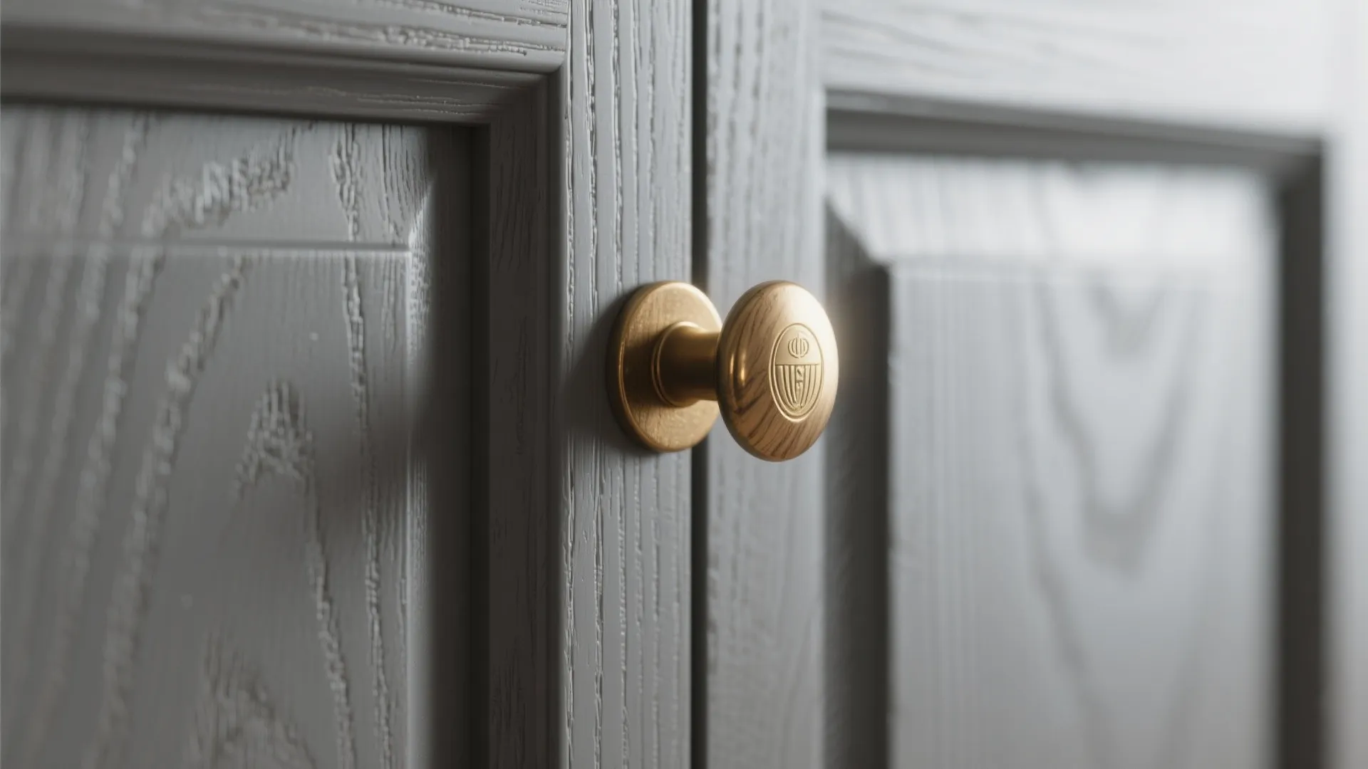 Detailed view of a round gold door knob on light gray wooden wall panel cabinet doors