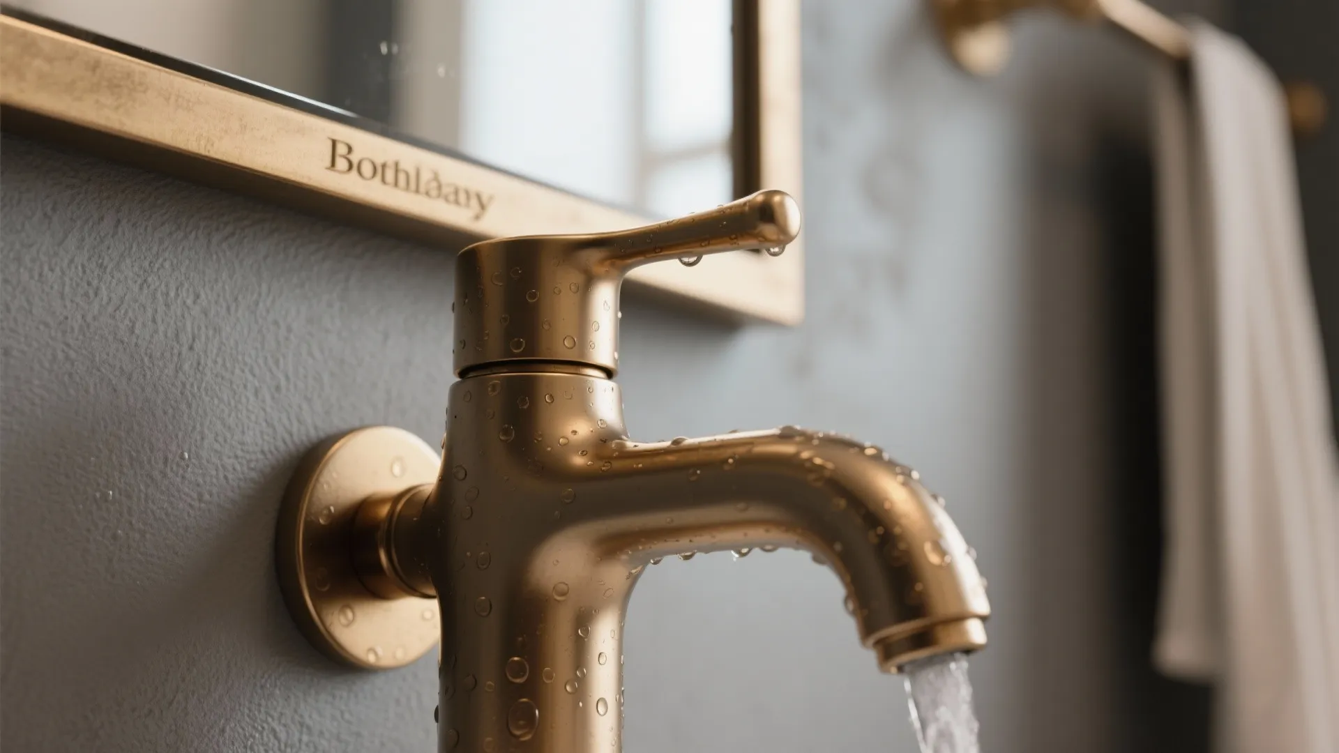 Gold faucet with water droplets in a bathroom with a grey wall and gold mirror