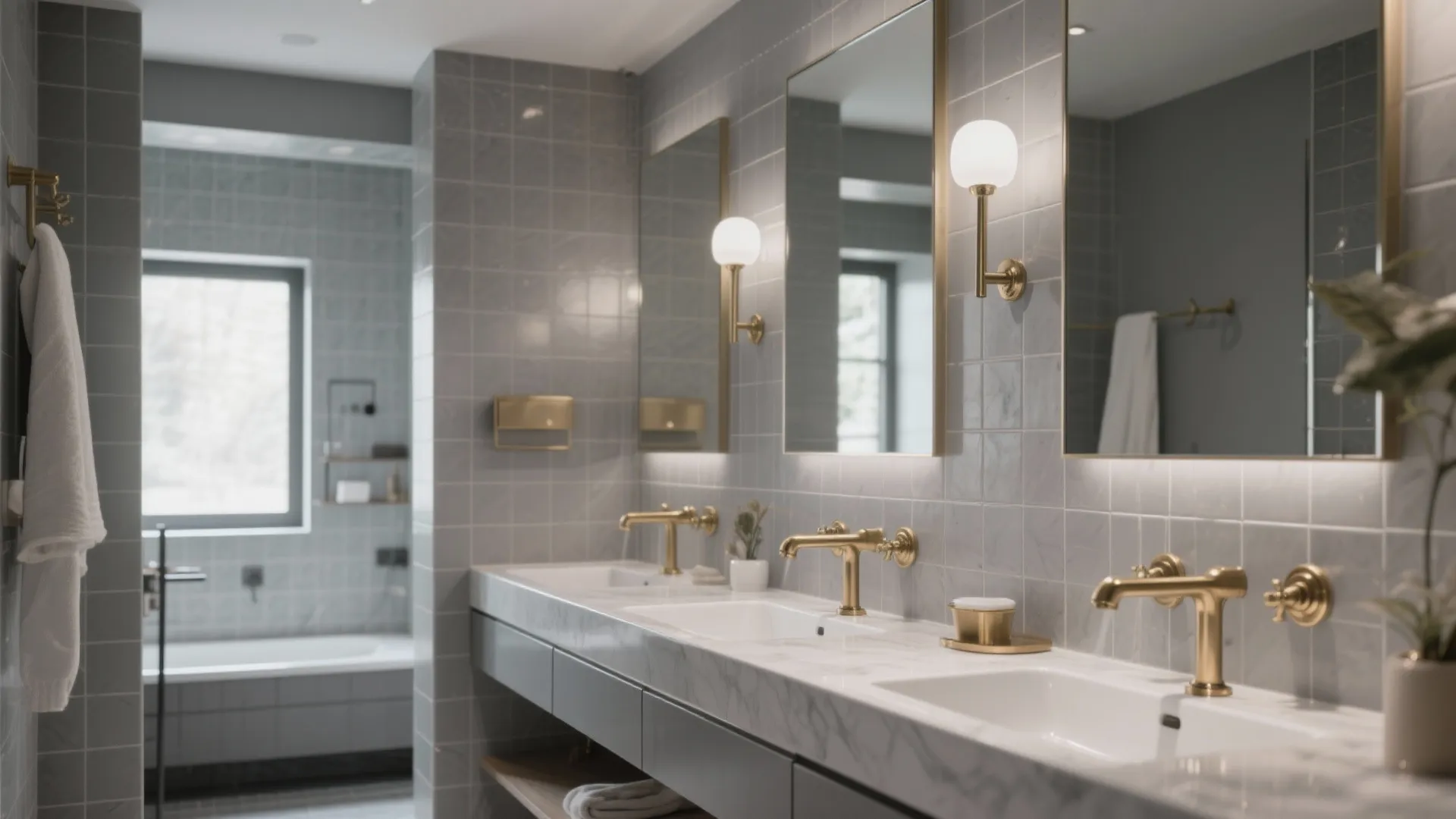 Modern bathroom with double marble sink and gold taps plus grey tiles and round wall light