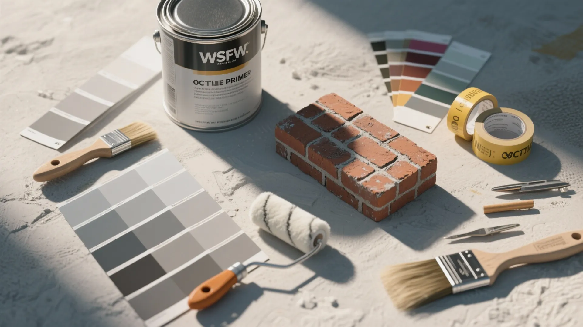 Home renovation tools with paint can brushes color swatches red brick and tape on grey surface