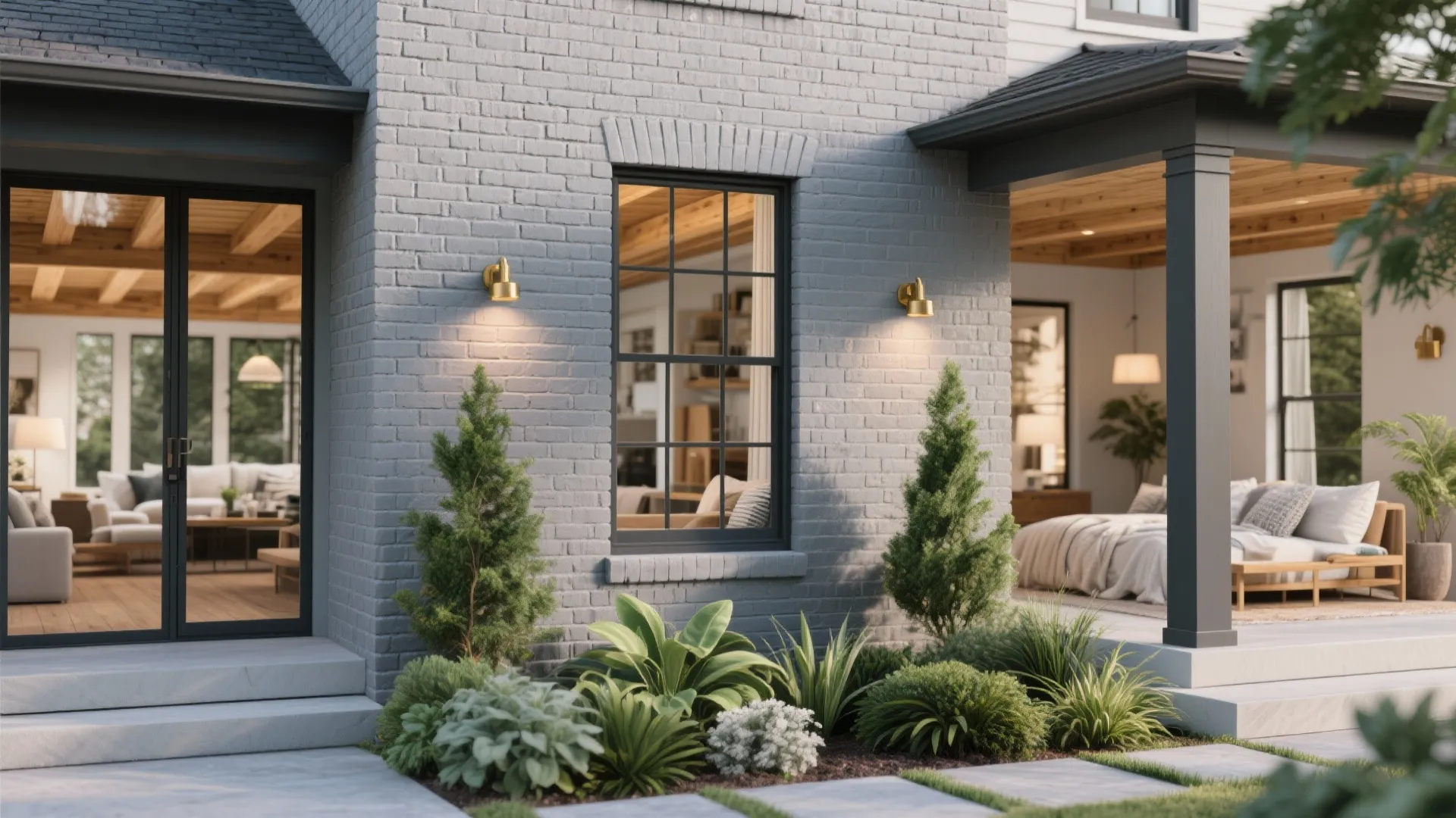 Modern grey brick house exterior featuring black windows with golden wall light and green garden plants