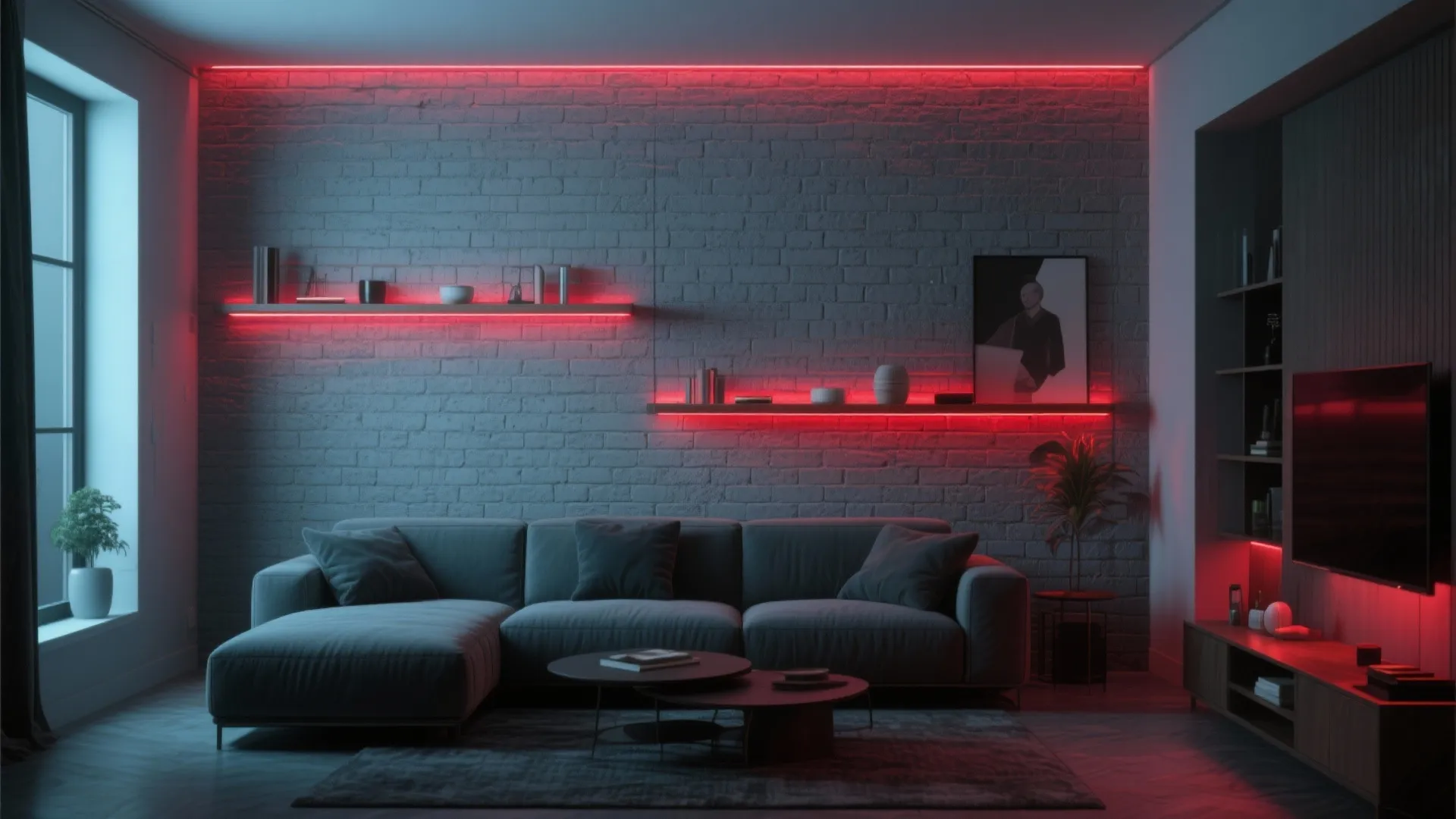 8. Gray Brick Accent Wall with Red Lighting