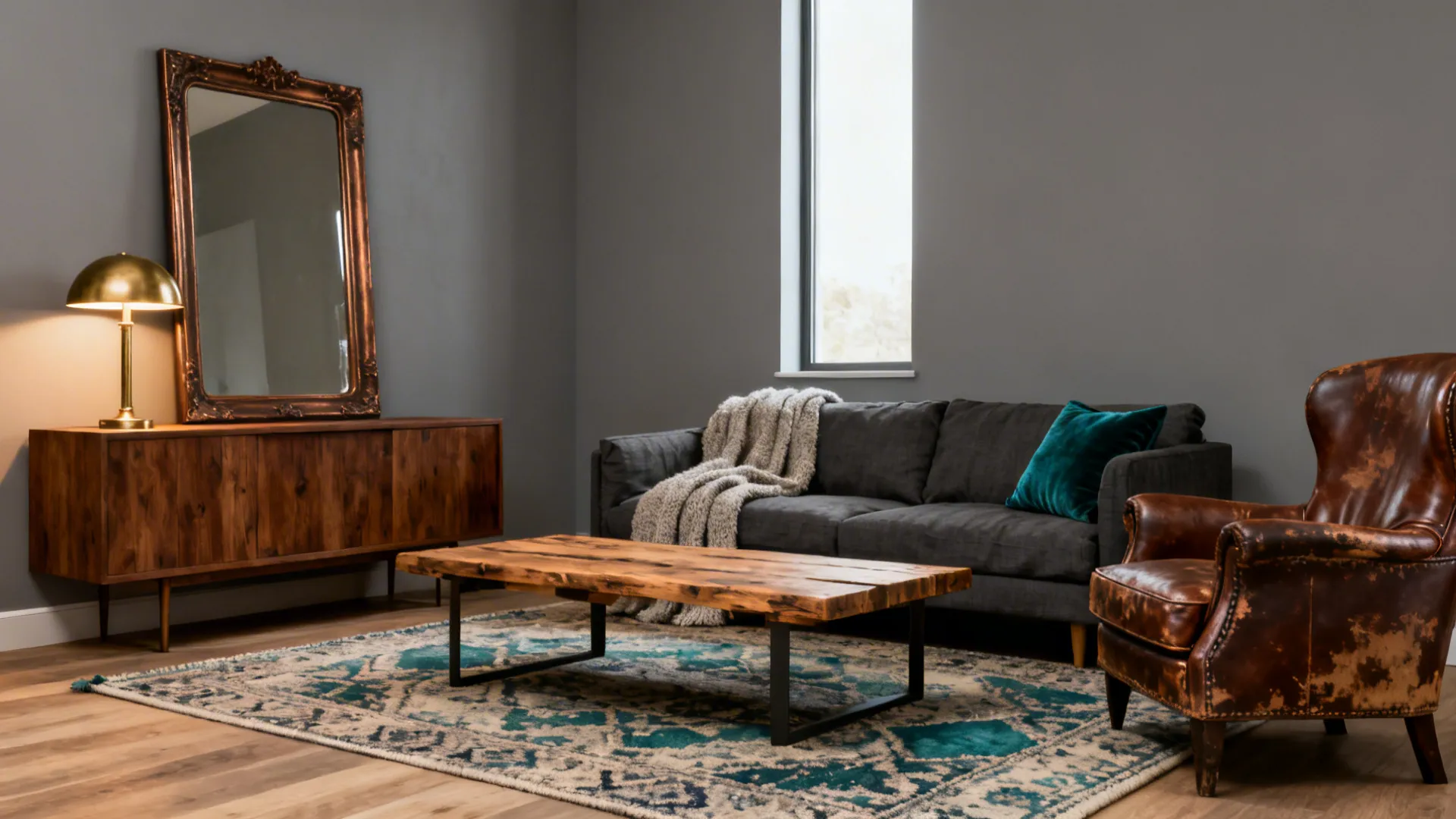 Living room with gray walls wooden cabinet large mirror gray sofa wood coffee table leather chair